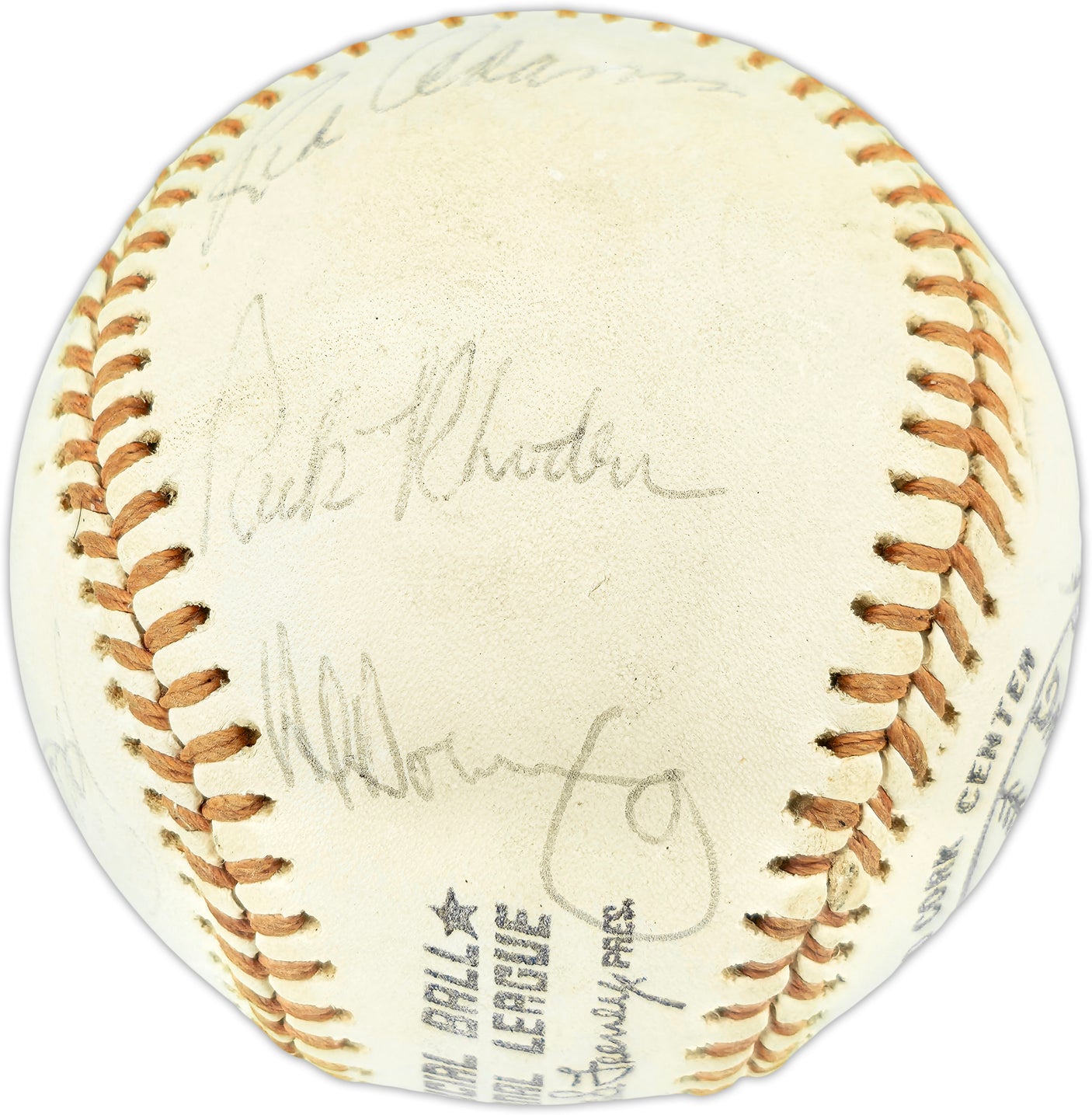 1974 Los Angeles Dodgers Autographed Official Feeney NL Baseball With 6 Signatures Including Walt Alston & Steve Garvey Beckett BAS #AE49077
