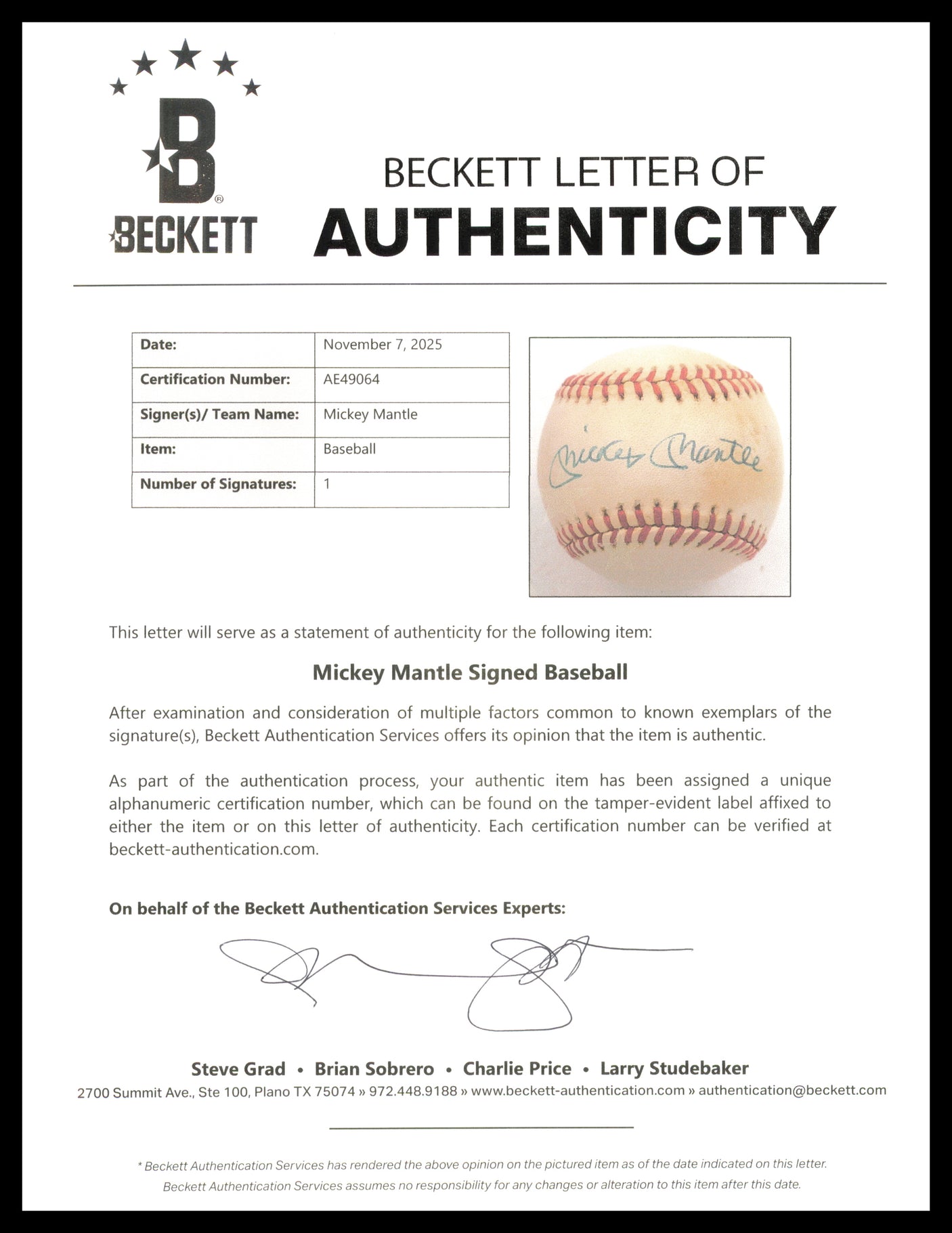 Mickey Mantle Autographed Official AL Baseball New York Yankees Beckett BAS #AE49064