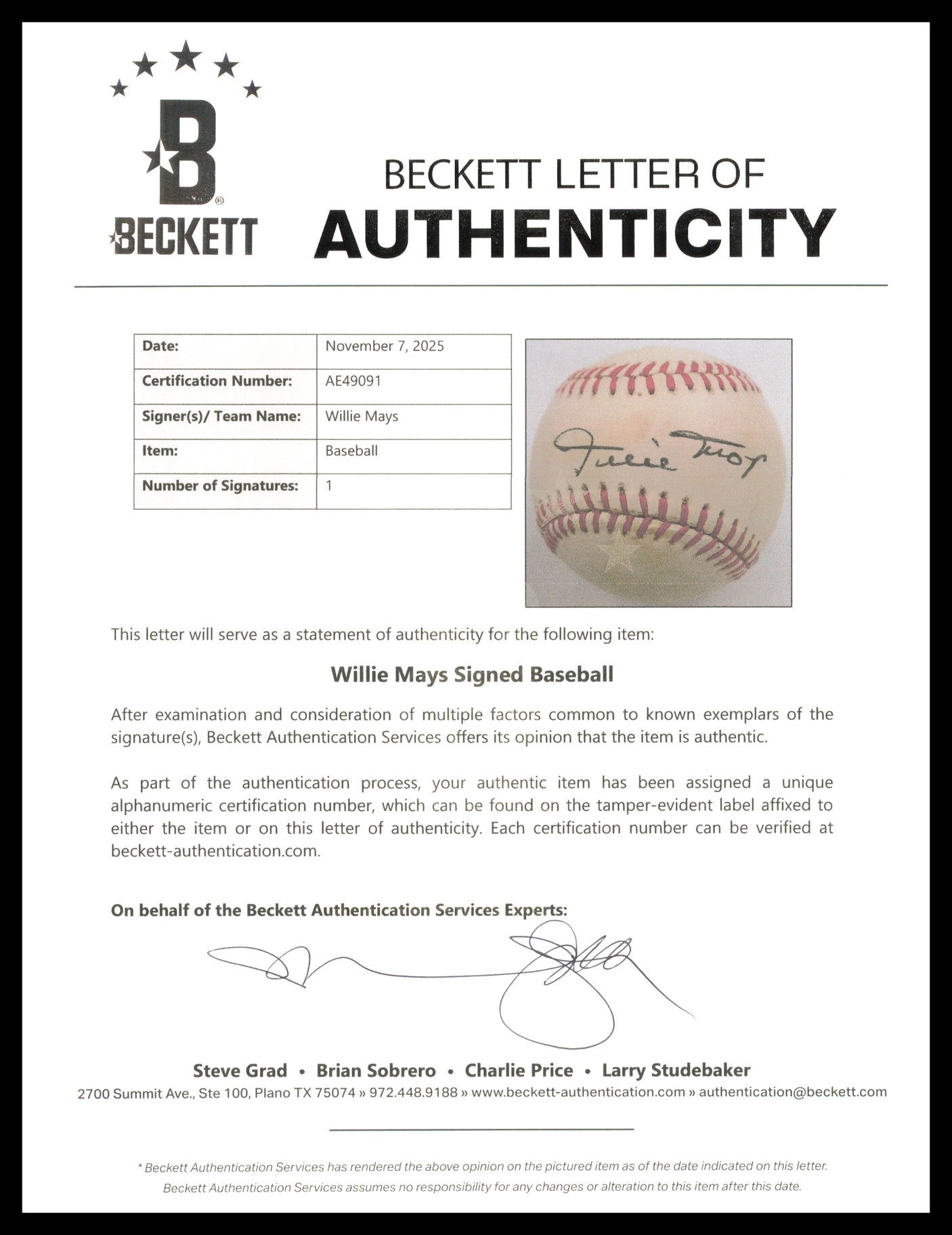 Willie Mays Autographed Official AL Baseball San Francisco Giants Beckett BAS #AE49091