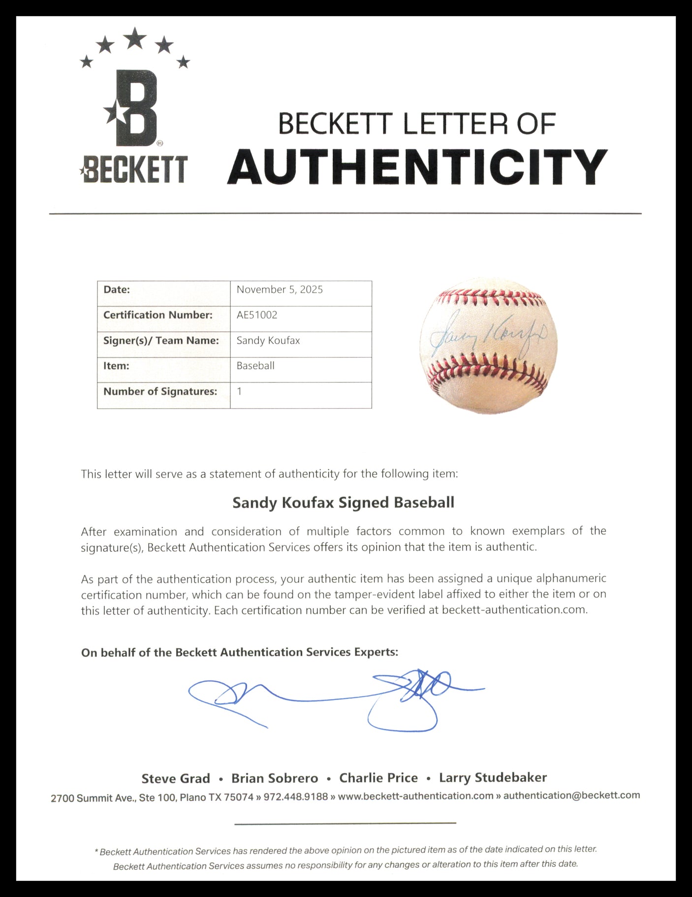 Sandy Koufax Autographed Official NL Baseball Los Angeles Dodgers Beckett BAS #AE51002