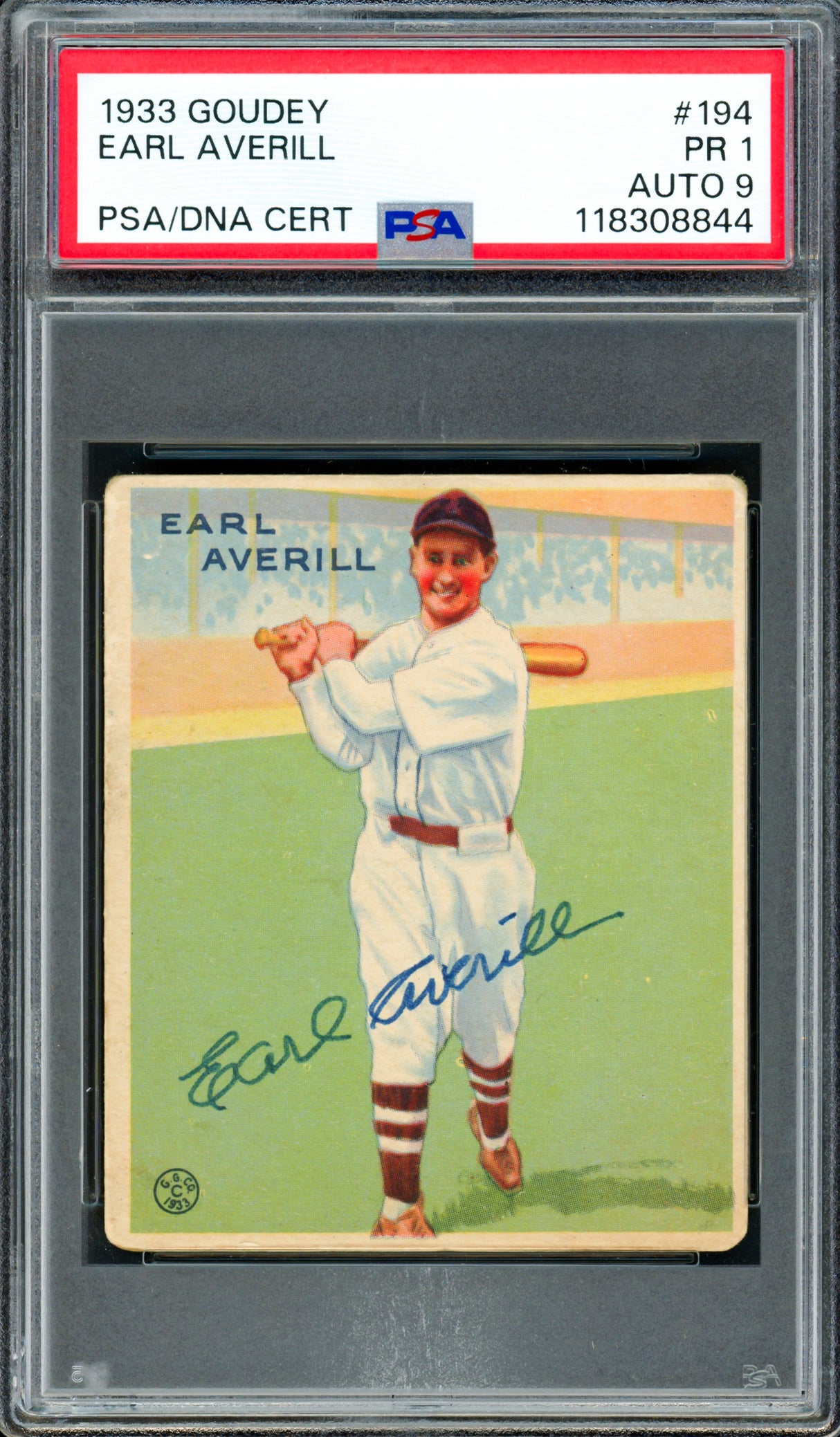 Earl Averill Autographed 1933 Goudey Rookie Card #194 Cleveland Indians PSA 1 Auto Grade Mint 9 PSA/DNA #118308844
