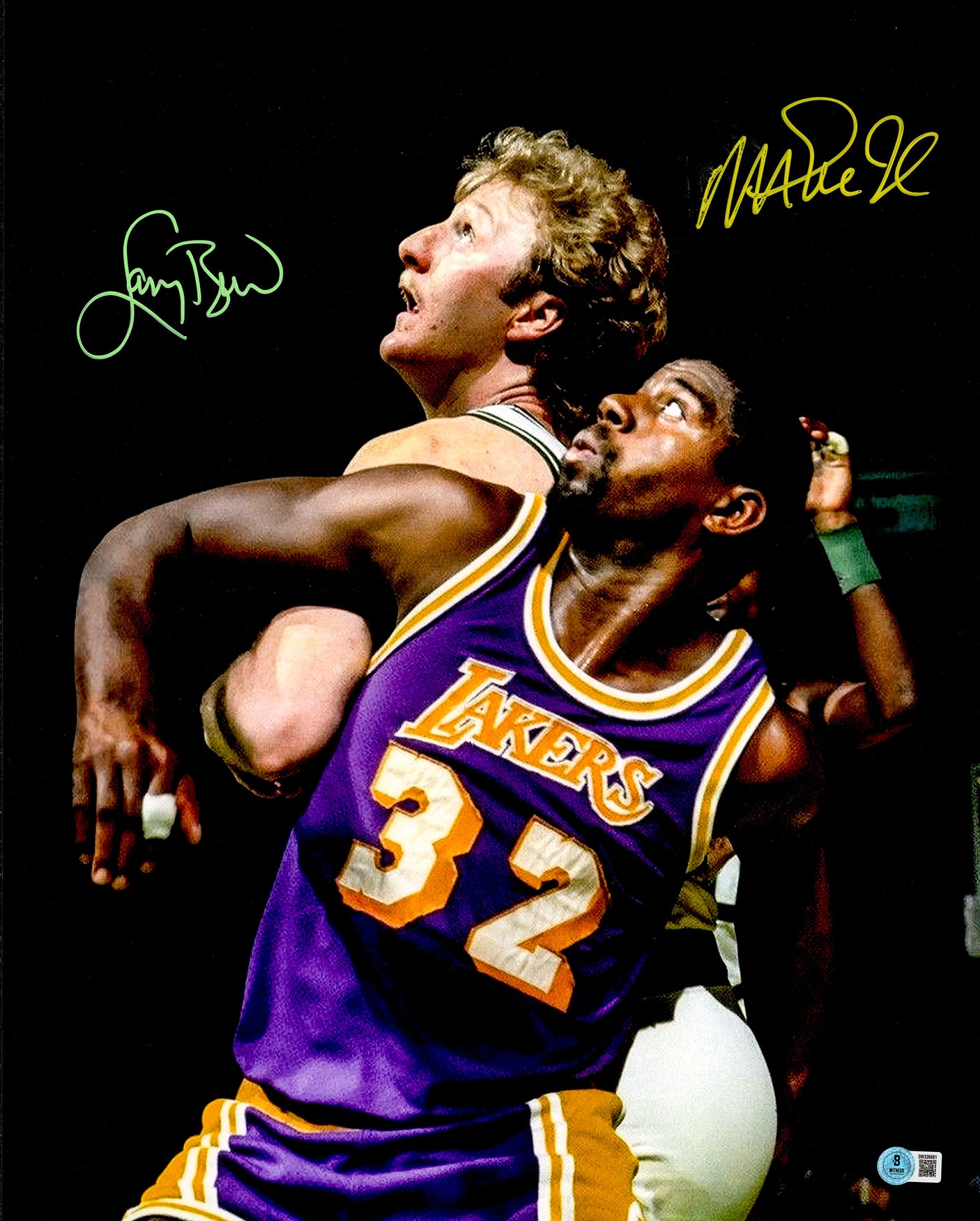 Larry Bird & Magic Johnson Autographed 16x20 Photo (Smudged) Beckett BAS Witness #3W326851