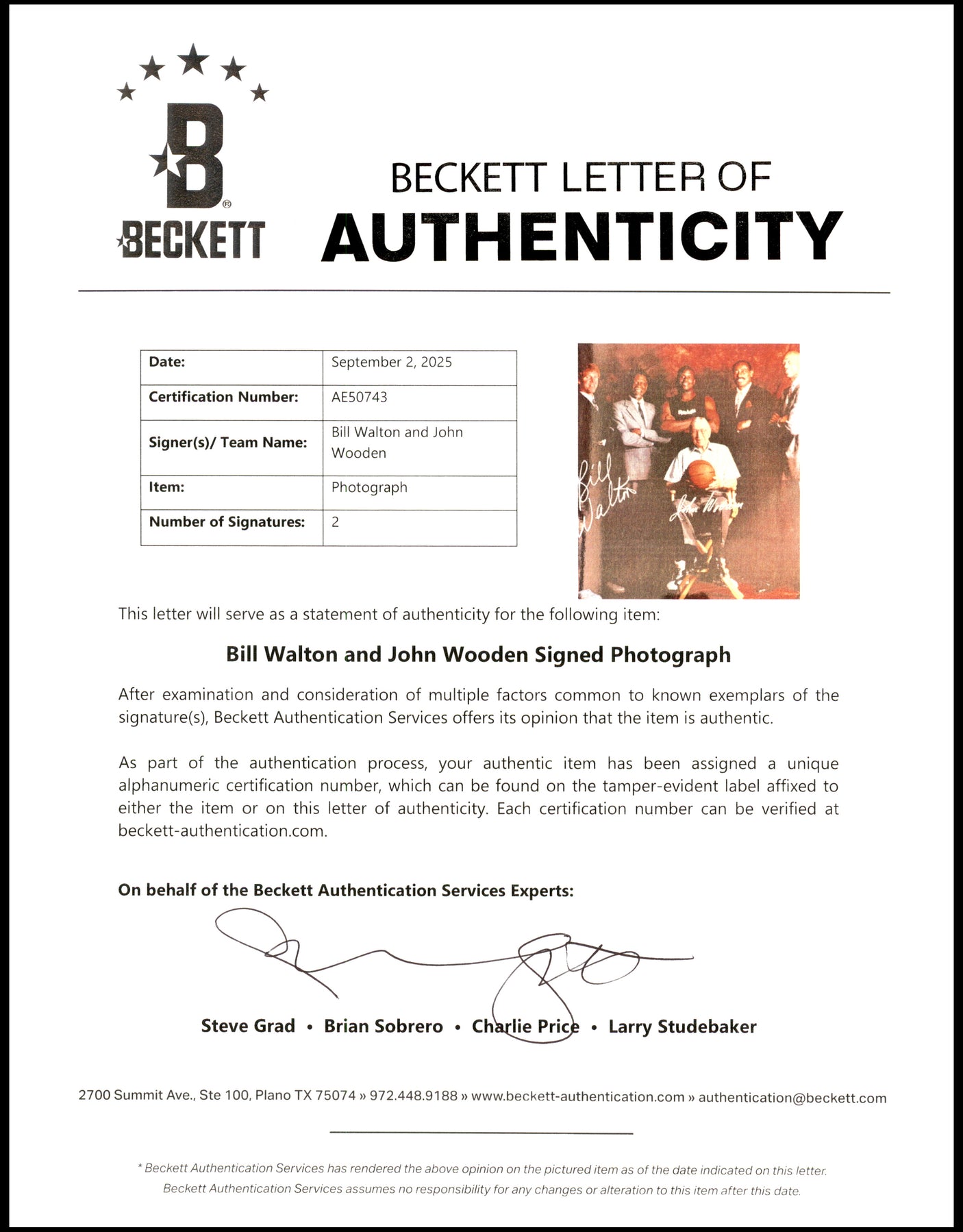 John Wooden & Bill Walton Autographed 8x10 Photo UCLA Beckett BAS #AE50744