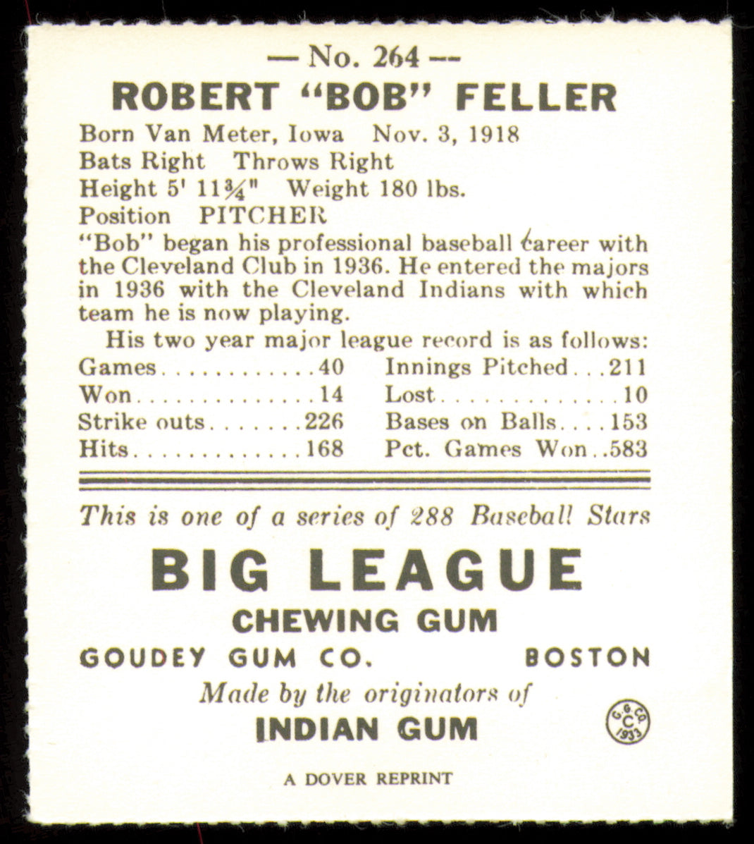 Bob Feller Autographed 1977 1938 Goudey Reprint Rookie Card #264 Cleveland Indians SKU #254647
