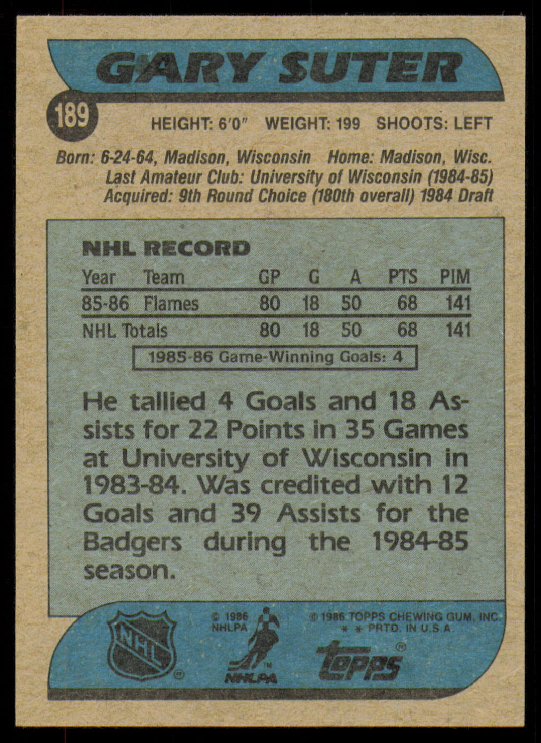 Gary Suter Autographed 1986-87 Topps Rookie Card #189 Calgary Flames SKU #254796