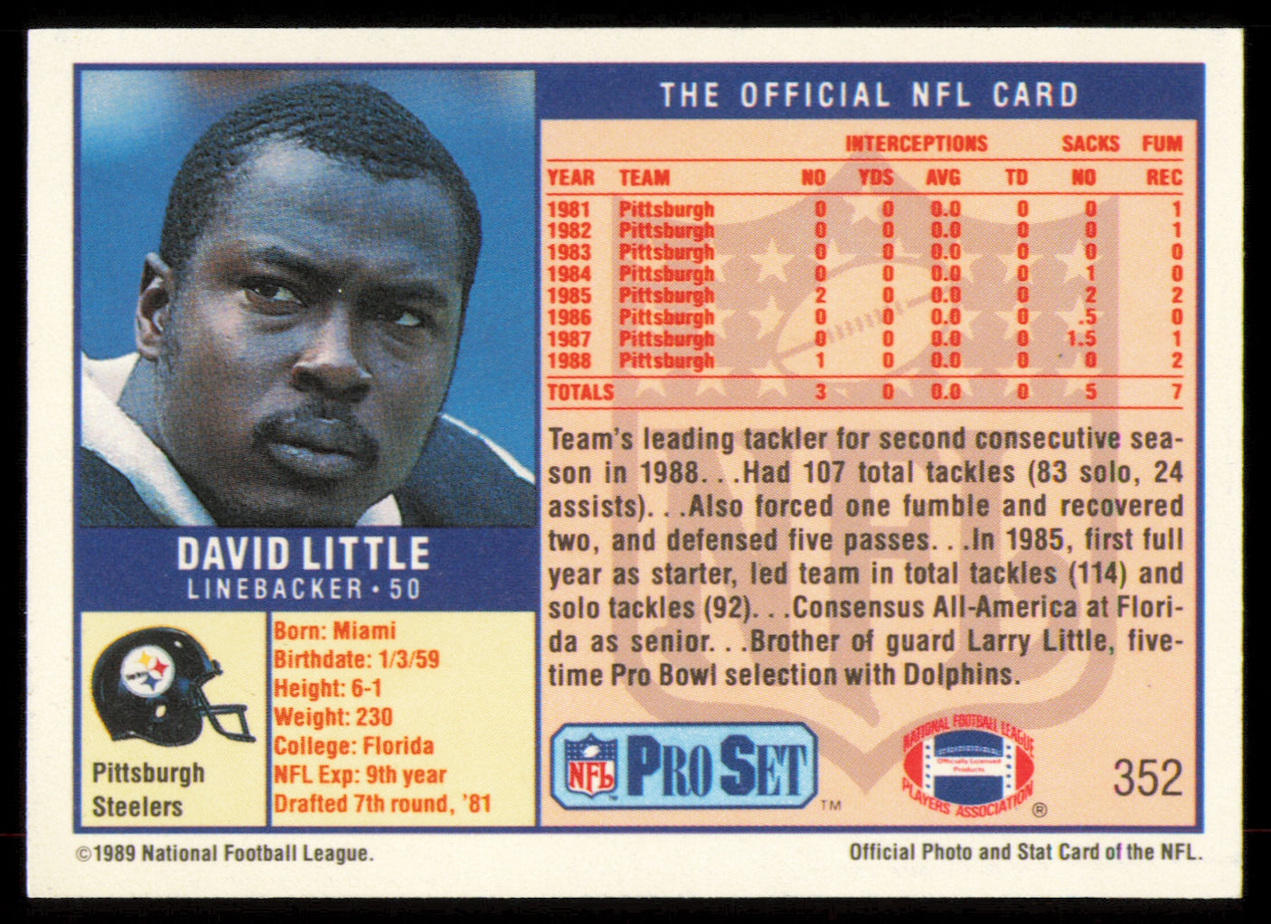 David Little Autographed 1989 Pro Set Card #352 Pittsburgh Steelers SKU #254891