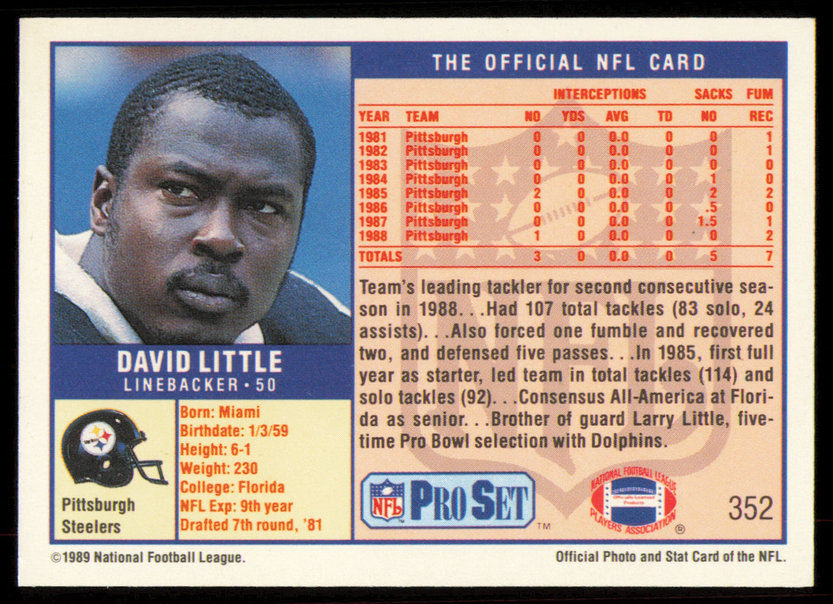 David Little Autographed 1989 Pro Set Card #352 Pittsburgh Steelers SKU #254892