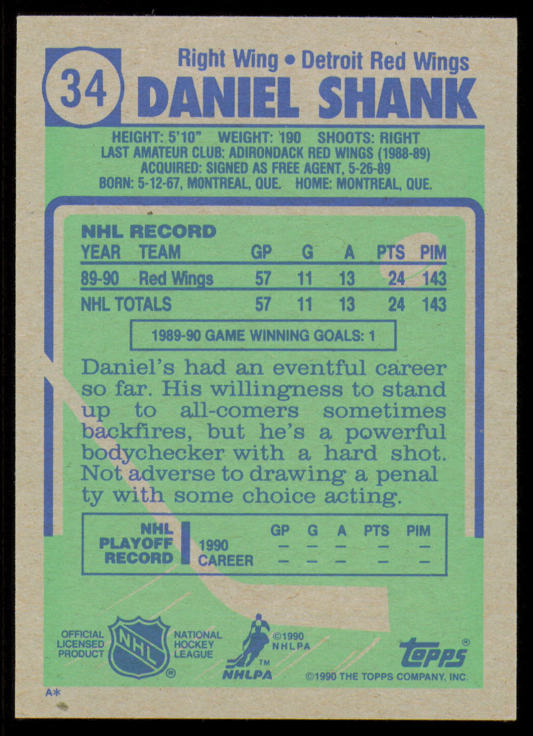 Daniel Shank Autographed 1990-91 Topps Rookie Card #34 Detroit Red Wings SKU #255151