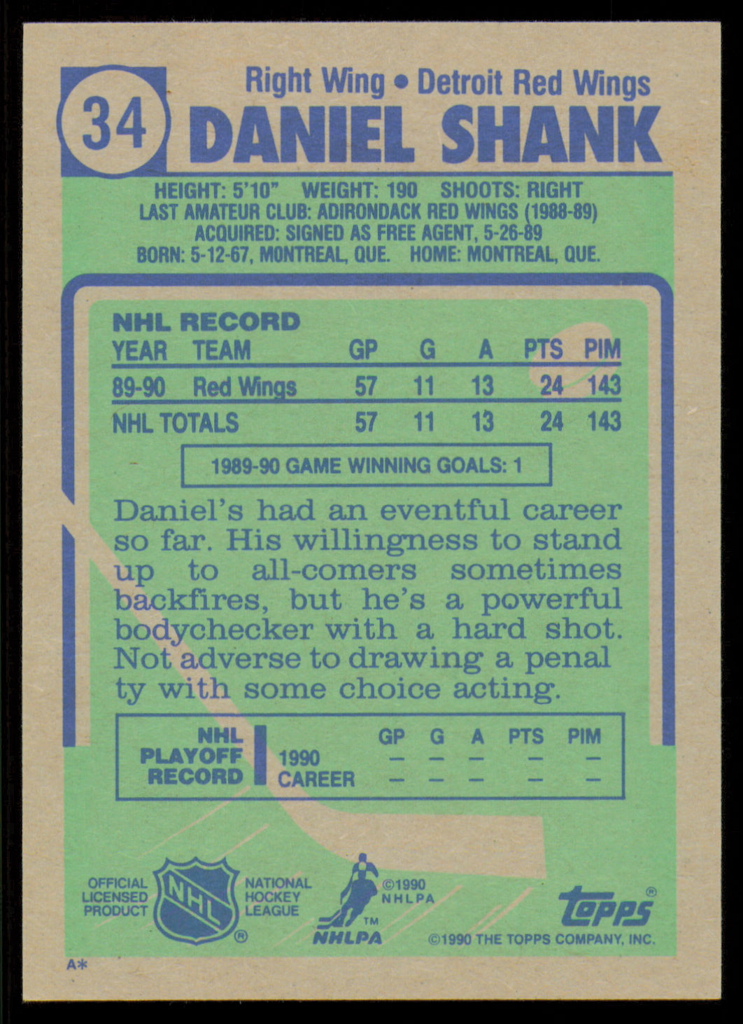 Daniel Shank Autographed 1990-91 Topps Rookie Card #34 Detroit Red Wings SKU #255152