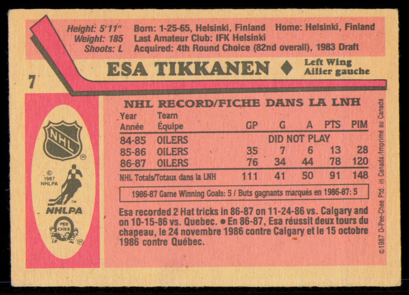 Esa Tikkanen Autographed 1987-88 O-Pee-Chee Rookie Card #7 Edmonton Oilers SKU #255281