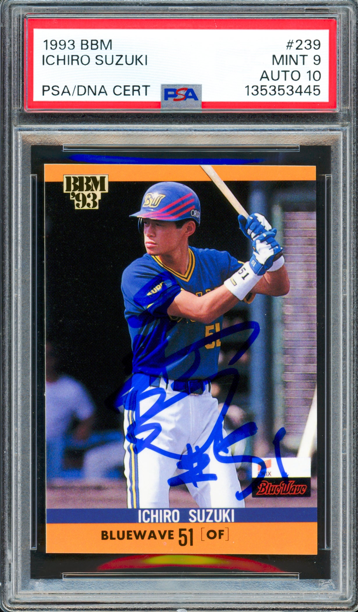 Ichiro Suzuki Autographed 1993 BBM Rookie Card #239 Seattle Mariners PSA 9 Auto Grade Gem Mint 10 "#51" Signed In Kanji PSA/DNA #135353445