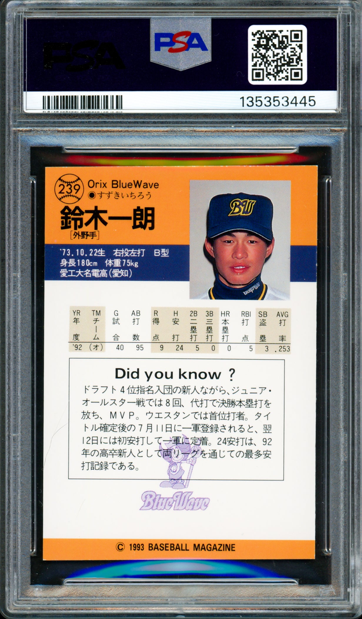 Ichiro Suzuki Autographed 1993 BBM Rookie Card #239 Seattle Mariners PSA 9 Auto Grade Gem Mint 10 "#51" Signed In Kanji PSA/DNA #135353445