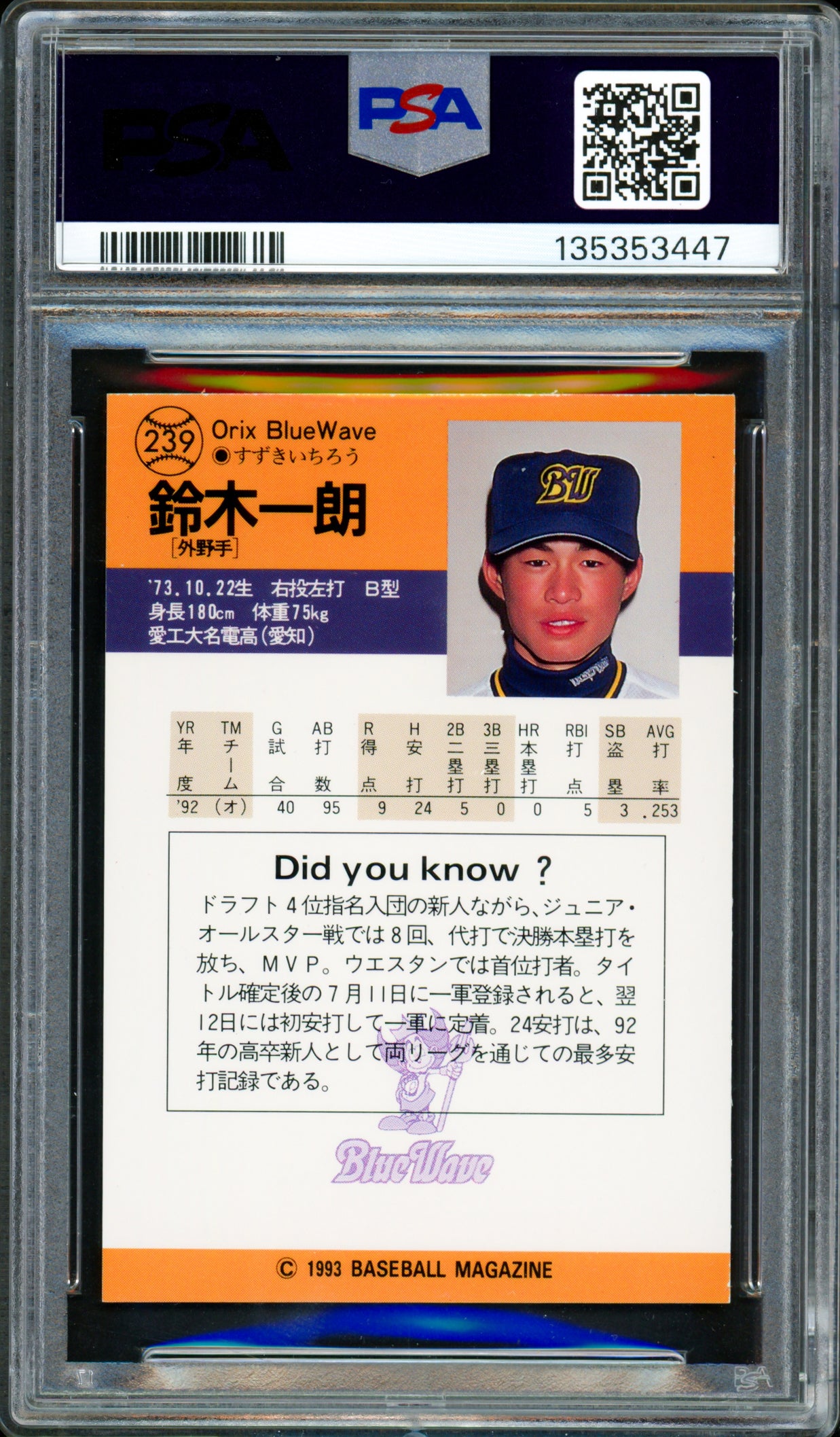 Ichiro Suzuki Autographed 1993 BBM Rookie Card #239 Seattle Mariners PSA 8 Auto Grade Gem Mint 10 "#51" Signed In Kanji PSA/DNA #135353447