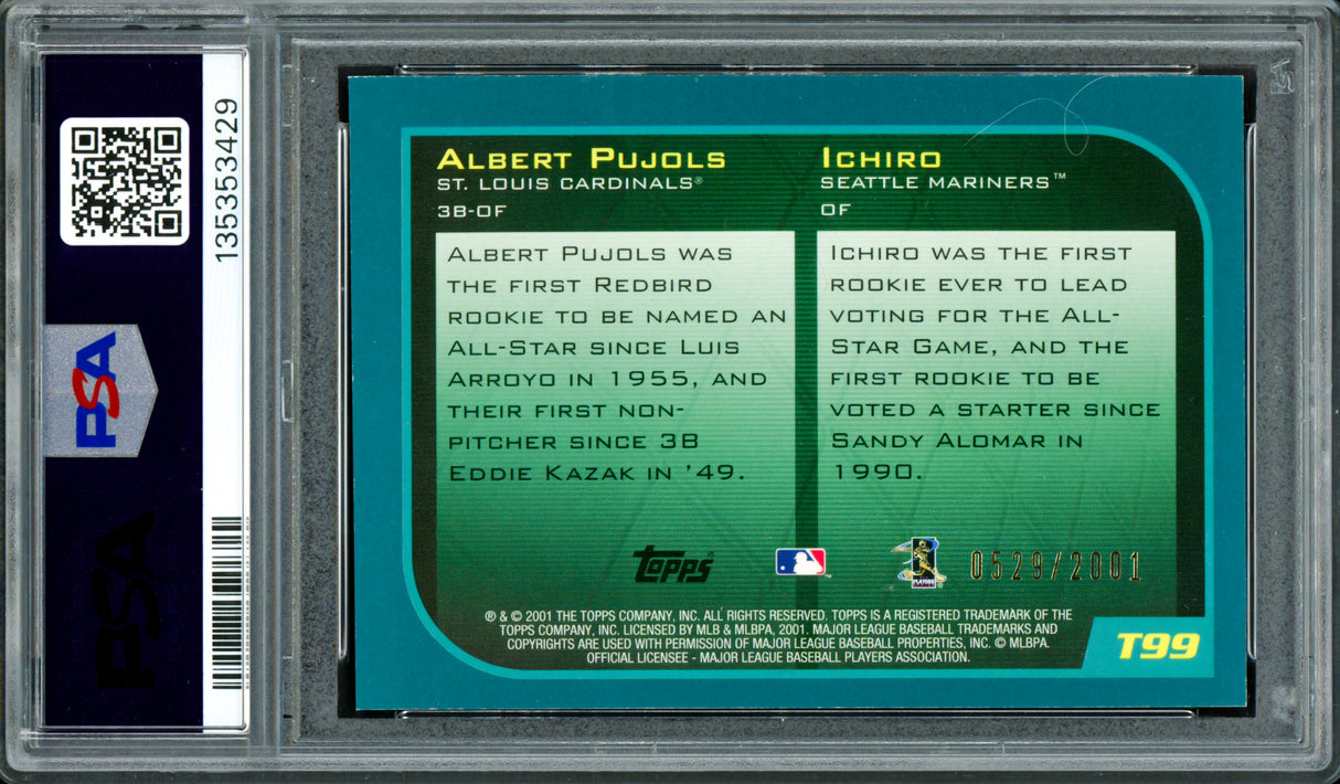 Ichiro Suzuki & Albert Pujols Autographed 2001 Topps Traded Gold Rookie Card #T99 PSA 7 Auto Grade Gem Mint 10 "01 ROY" #529/2001 PSA/DNA #135353429