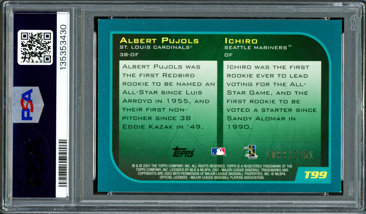 Ichiro Suzuki & Albert Pujols Autographed 2001 Topps Traded Gold Rookie Card #T99 Auto Grade Gem Mint 10 "01 ROY" #1099/2001 PSA/DNA #135353430