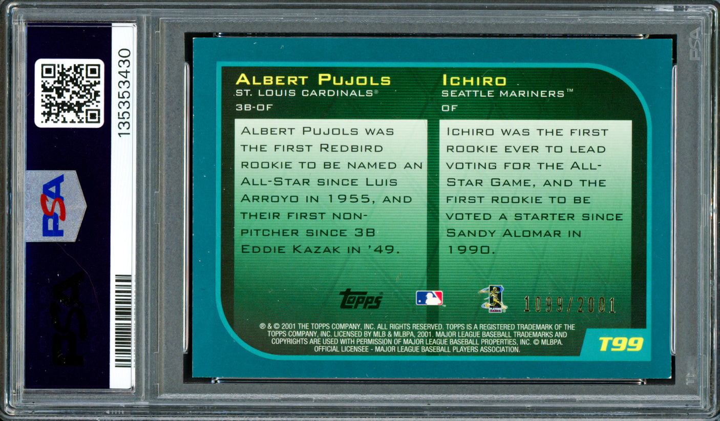 Ichiro Suzuki & Albert Pujols Autographed 2001 Topps Traded Gold Rookie Card #T99 Auto Grade Gem Mint 10 "01 ROY" #1099/2001 PSA/DNA #135353430