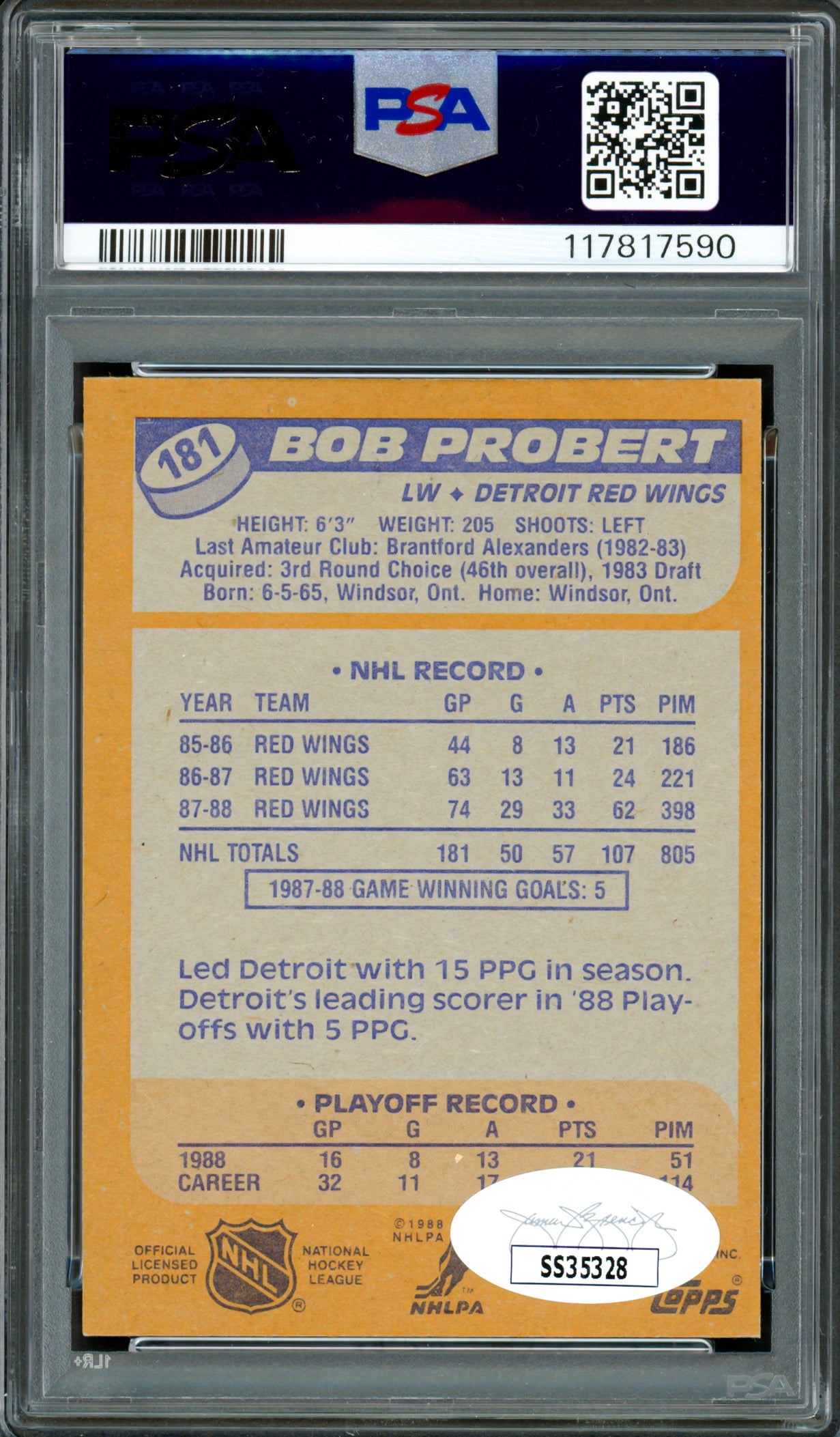 Bob Probert Autographed 1988-89 Topps Rookie Card #181 Detroit Red Wings Auto Grade Near Mint/Mint 8 PSA/DNA #117817590