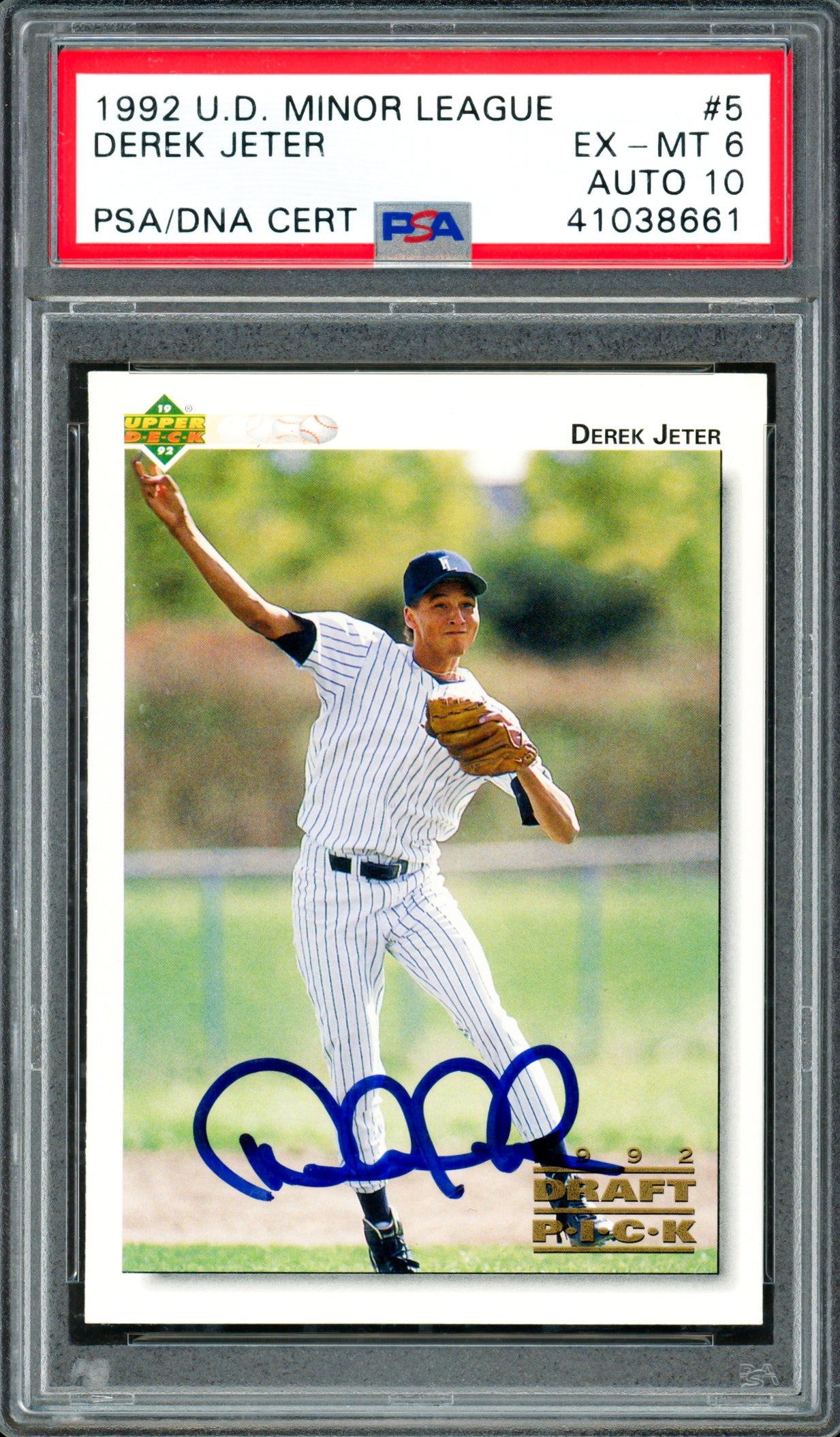 Derek Jeter Autographed 1992 Upper Deck Minor League Rookie Card #5 New York Yankees PSA 6 Auto Grade Gem Mint 10 PSA/DNA #41038661