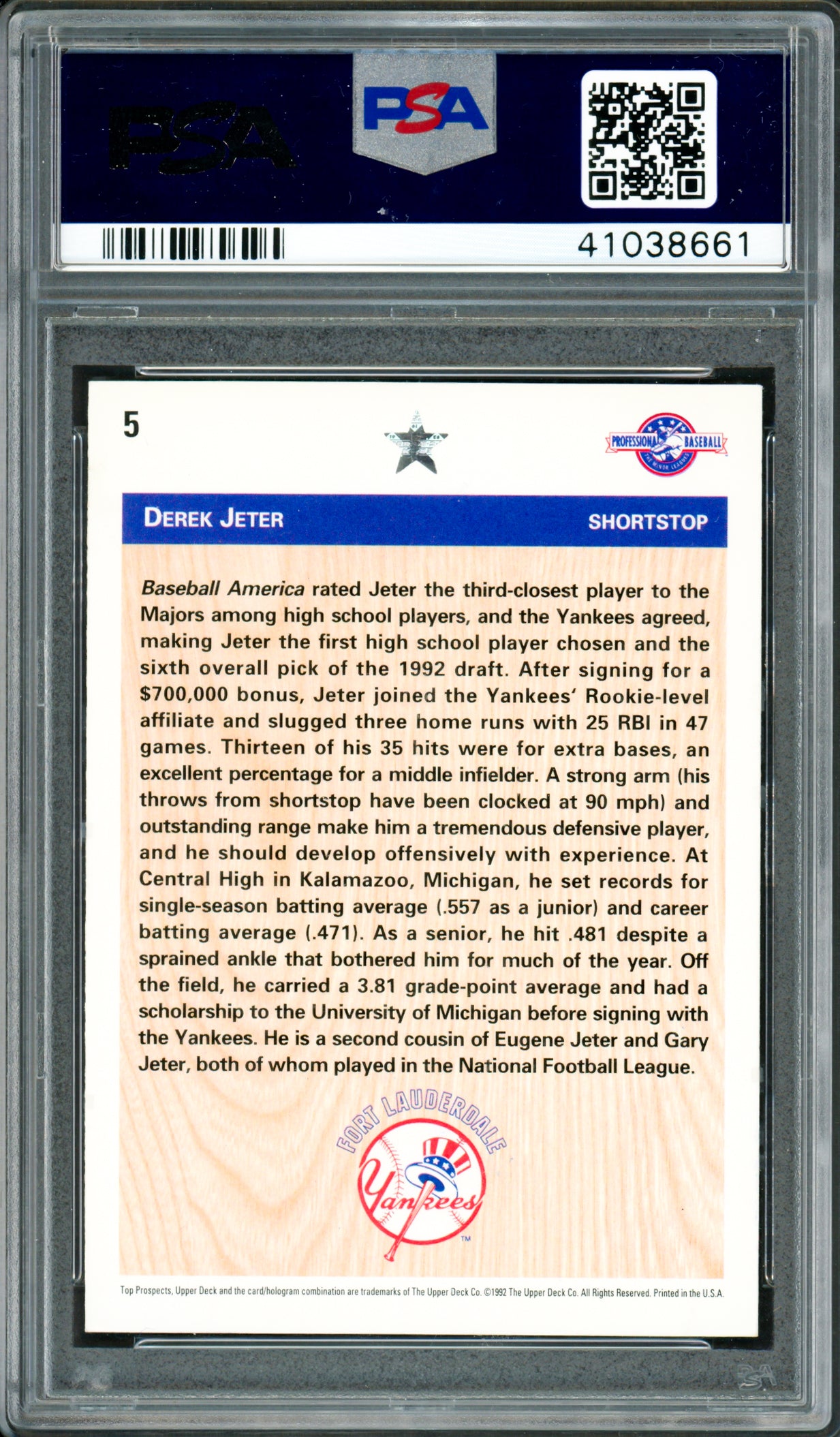 Derek Jeter Autographed 1992 Upper Deck Minor League Rookie Card #5 New York Yankees PSA 6 Auto Grade Gem Mint 10 PSA/DNA #41038661