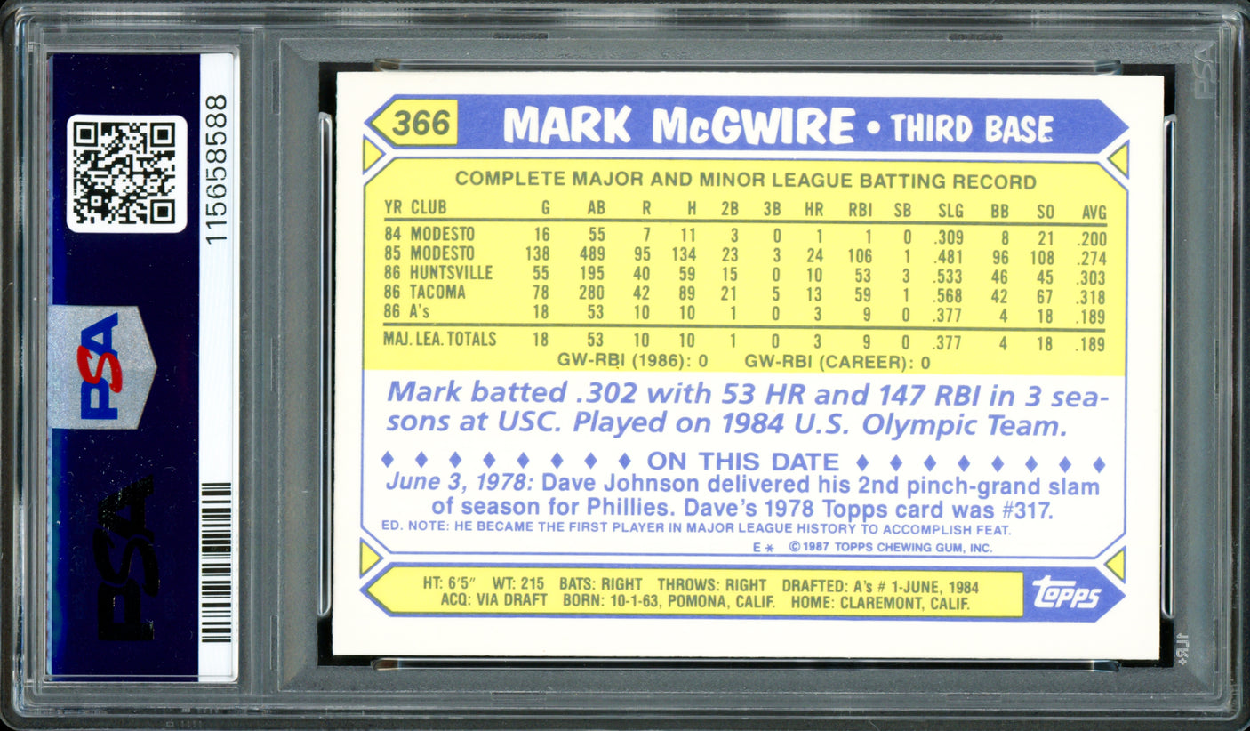 Mark McGwire Autographed 1987 Topps Tiffany Rookie Card #366 Oakland A's PSA 9 Auto Grade Gem Mint 10 PSA/DNA #115658588
