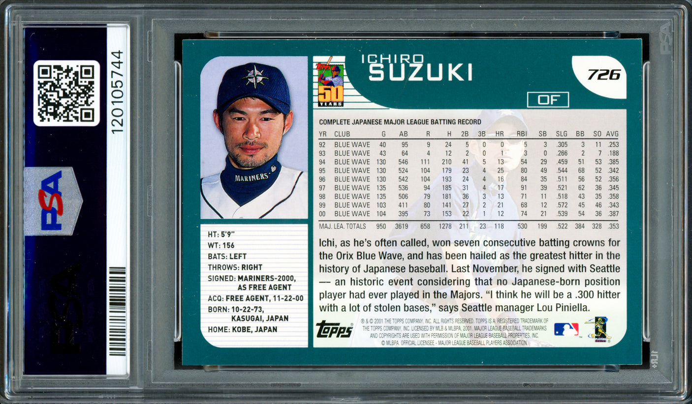 Ichiro Suzuki Autographed 2001 Topps Advantage Rookie Card #726 Seattle Mariners PSA 7 Auto Grade Gem Mint 10 PSA/DNA #120105744