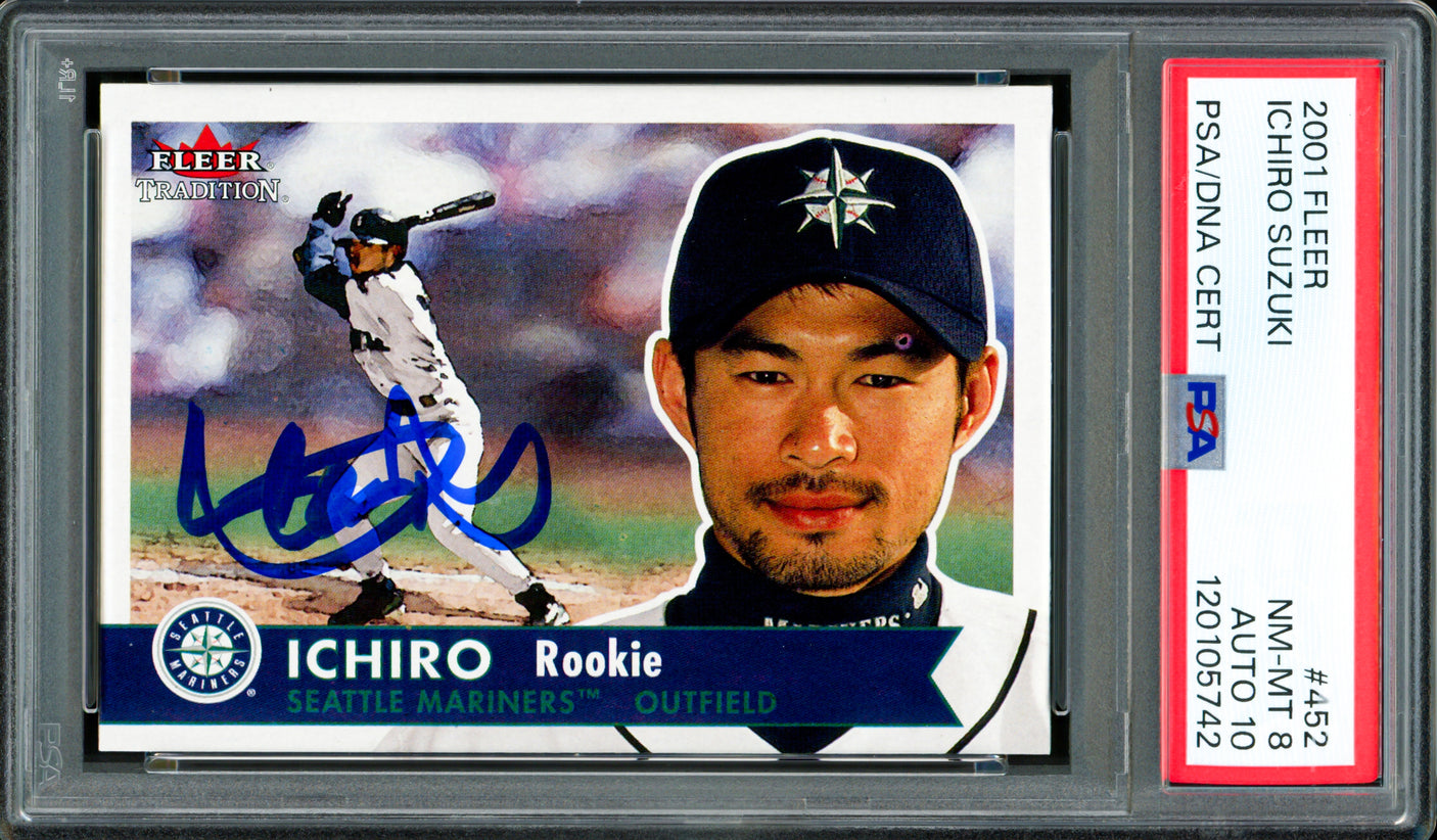 Ichiro Suzuki Autographed 2001 Fleer Rookie Card #452 Seattle Mariners PSA 8 Auto Grade Gem Mint 10 PSA/DNA #120105742
