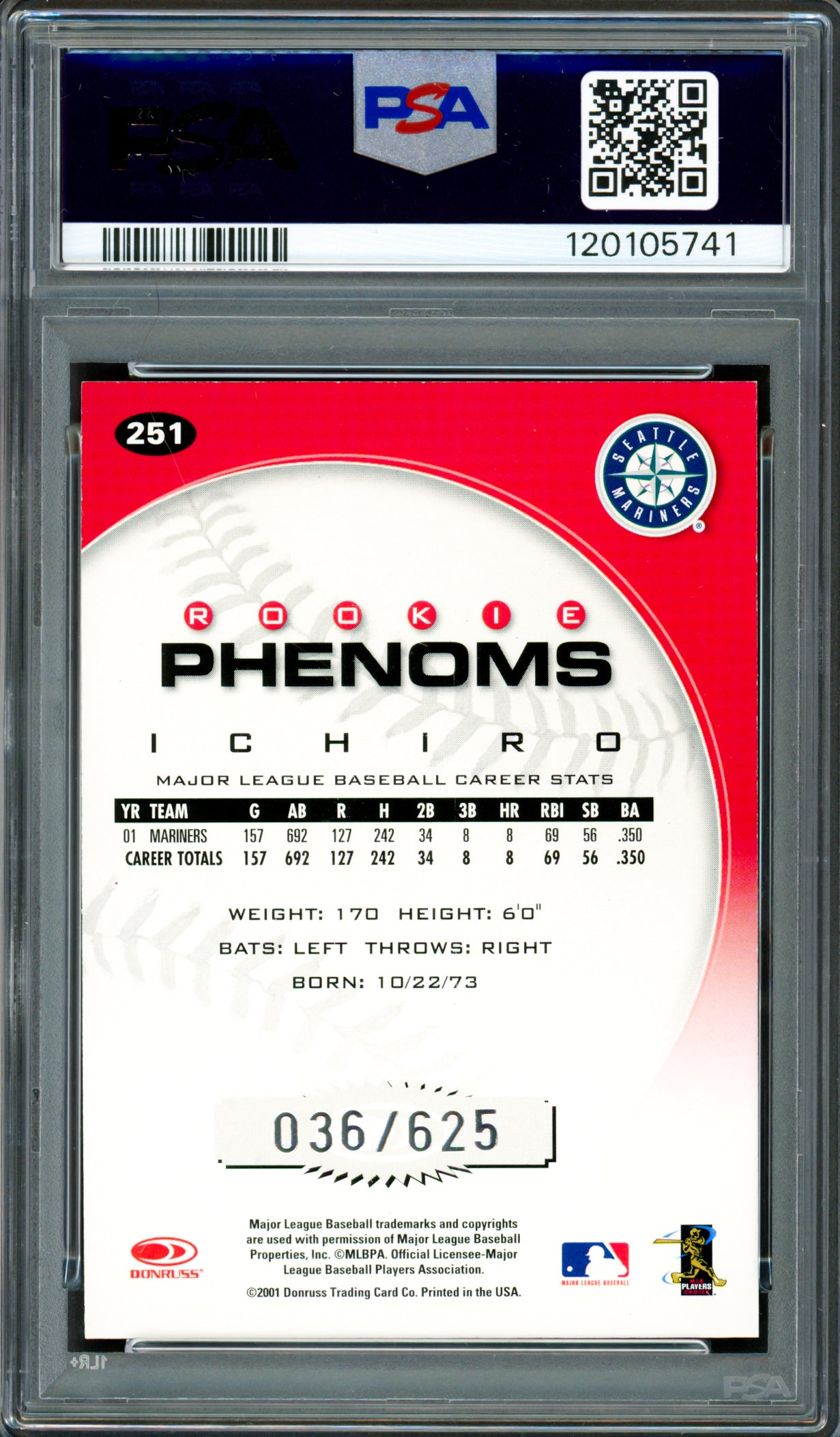 Ichiro Suzuki Autographed 2001 Donruss Class 01 Rookie Card #251 Seattle Mariners PSA 7 Auto Grade Gem Mint 10 #36/625 PSA/DNA #120105741