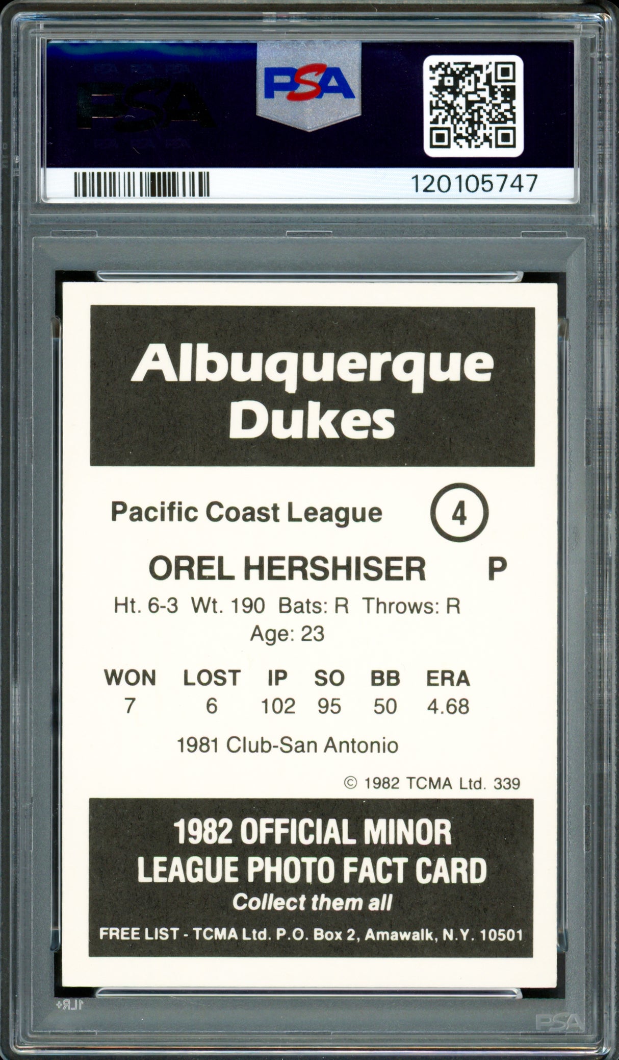 Orel Hershiser Autographed 1982 TCMA Rookie Card #4 Albuquerque Dukes PSA 7 Auto Grade Gem Mint 10 PSA/DNA #120105747