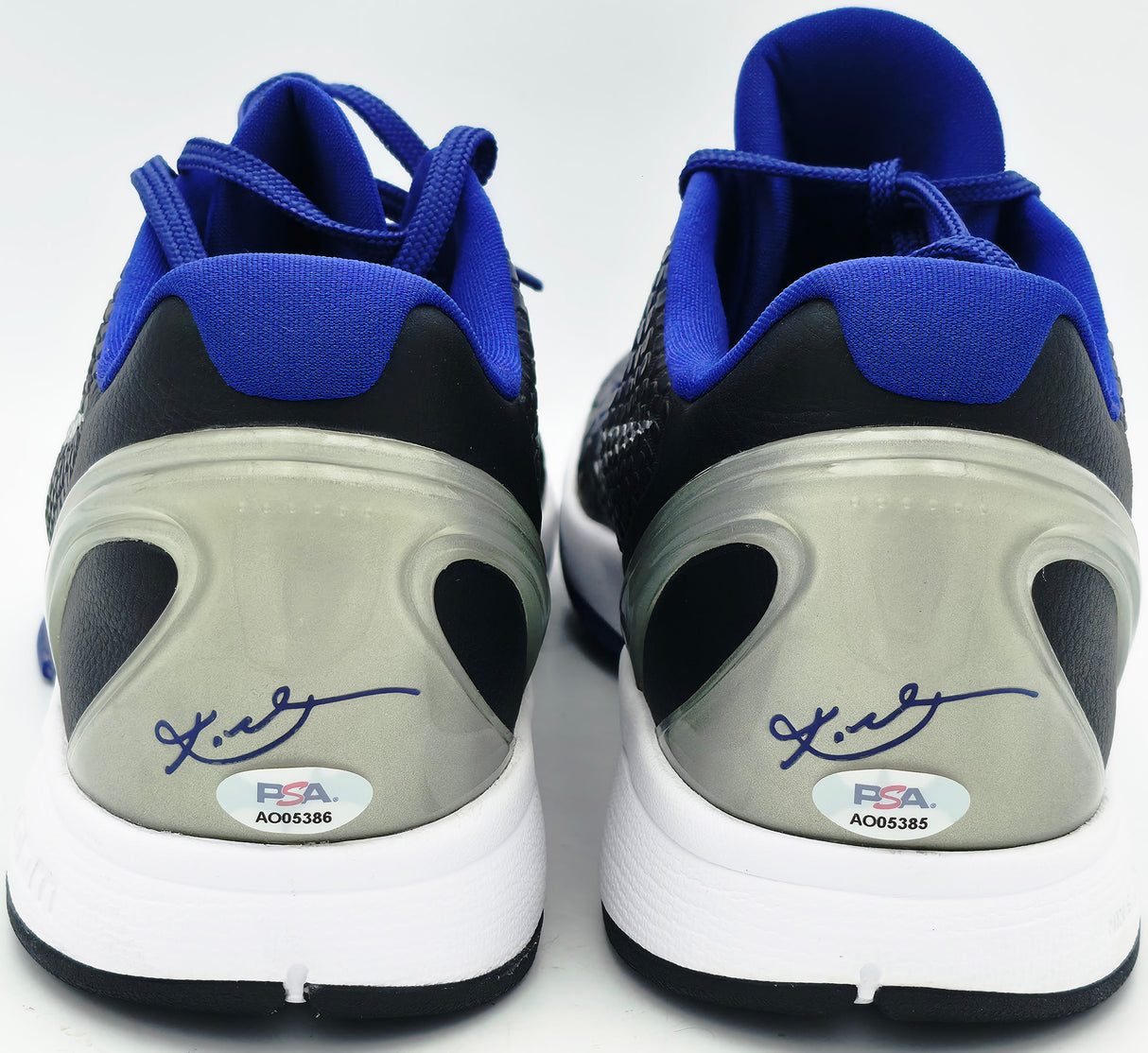 Kobe Bryant Autographed Black/Blue 2011-12 Nike Team Issued Kobe VI Shoes Los Angeles Lakers (Dual Signed) Size 14 PSA/DNA #AO05385 & AO05386