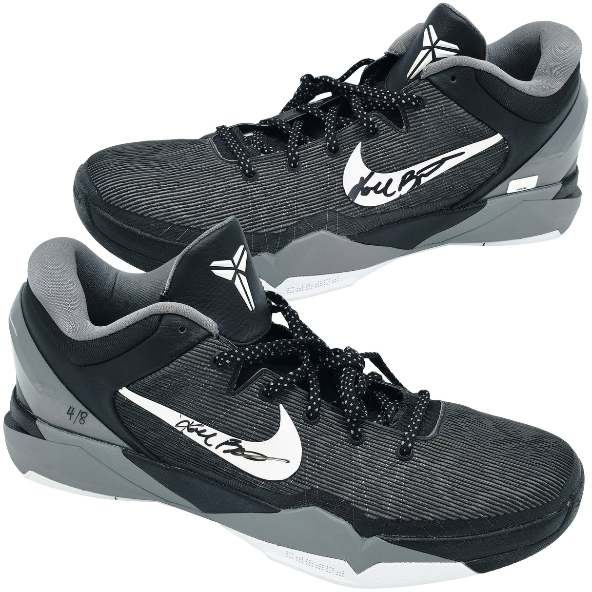 Kobe Bryant Autographed Black/Grey 2011-12 Nike Kobe VII Shoes Los Angeles Lakers (Dual Signed) Size 14 #4/8 Panini Holo #PA16640
