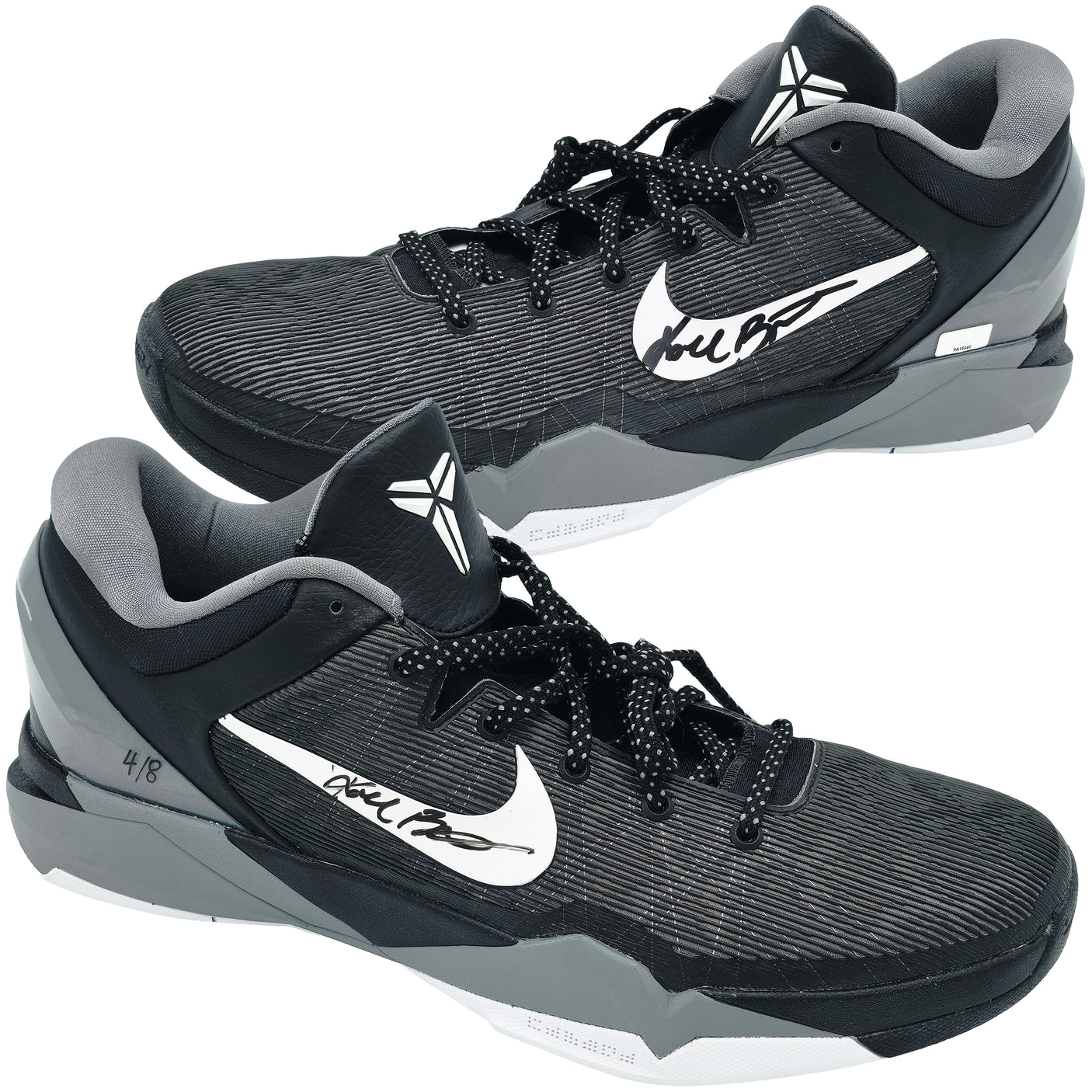 Kobe Bryant Autographed Black/Grey 2011-12 Nike Kobe VII Shoes Los Angeles Lakers (Dual Signed) Size 14 #4/8 Panini Holo #PA16640