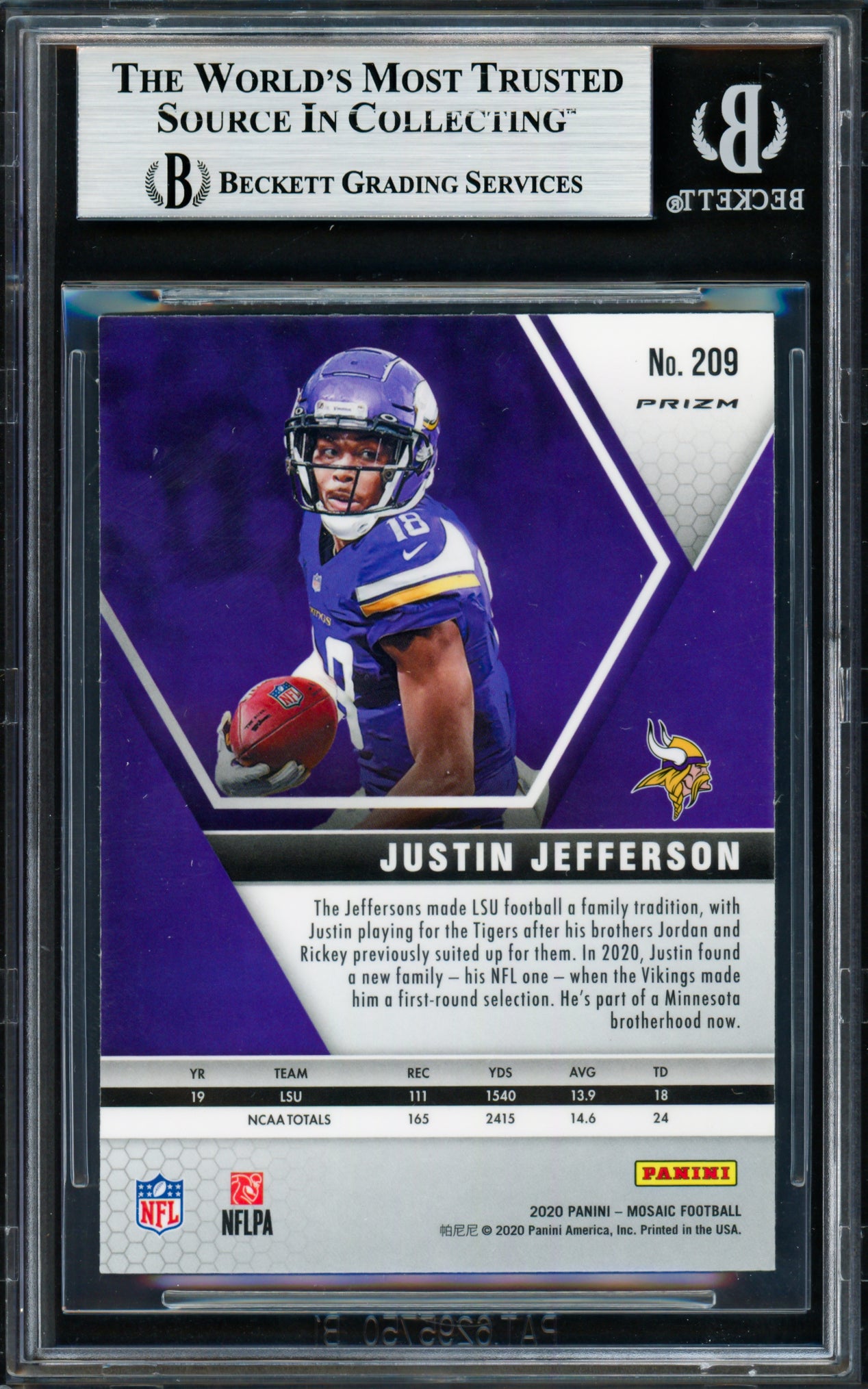Justin Jefferson Autographed 2020 Panini Mosaic Red Prizm Rookie Card #209 Minnesota Vikings Beckett BAS #18628801