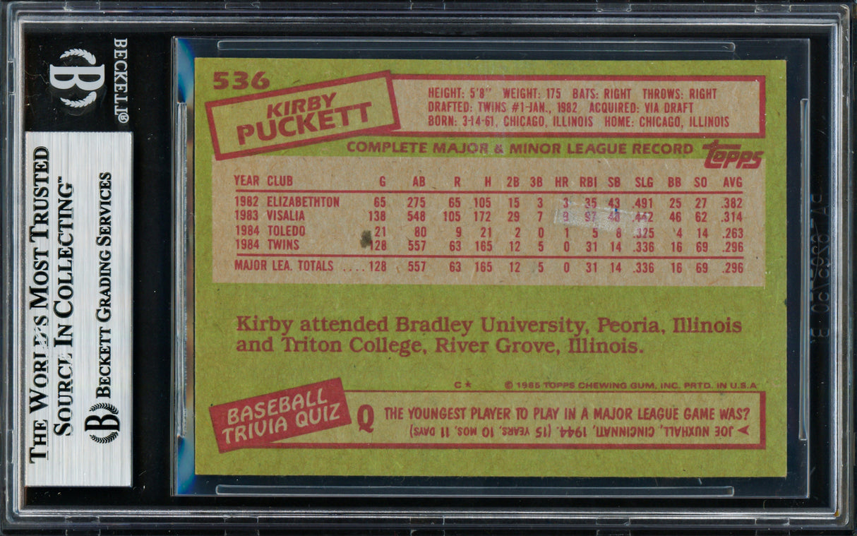 Kirby Puckett Autographed 1985 Topps Rookie Card #536 Minnesota Twins Beckett BAS #18629075