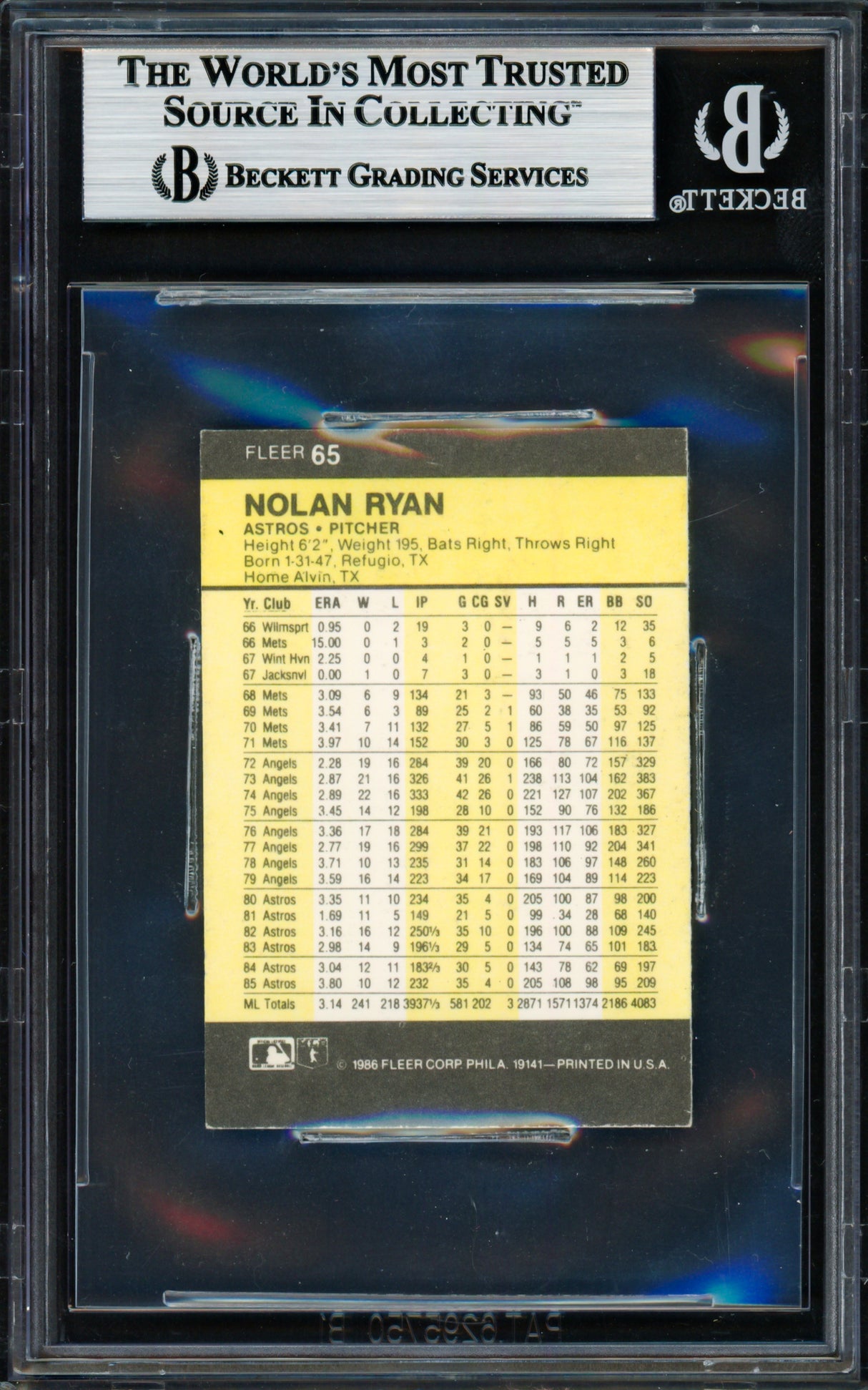 Nolan Ryan Autographed 1986 Fleer Mini Card #65 Houston Astros Beckett BAS #18629927