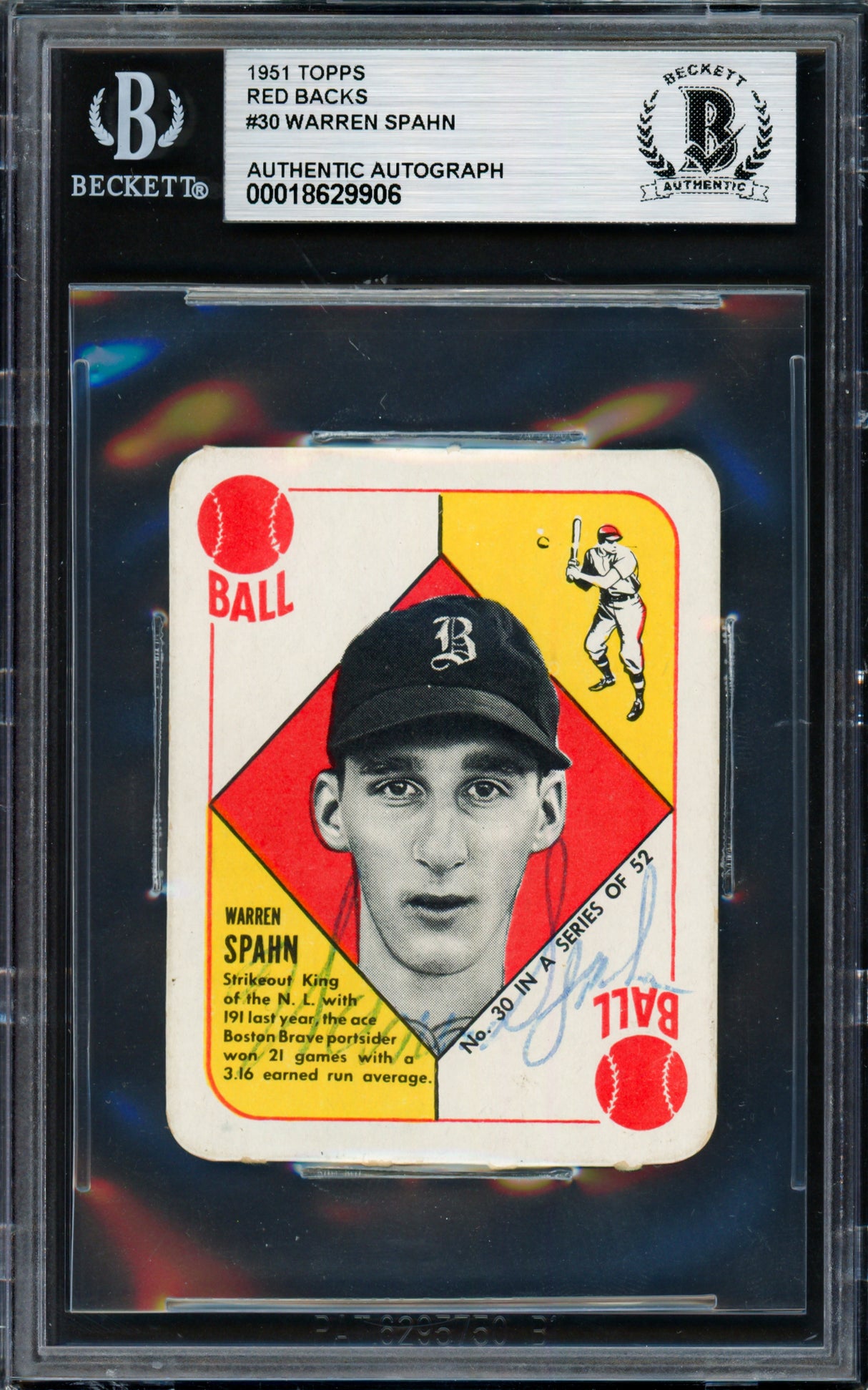 Warren Spahn Autographed 1951 Topps Red Back Card #30 Boston Braves Beckett BAS #18629906