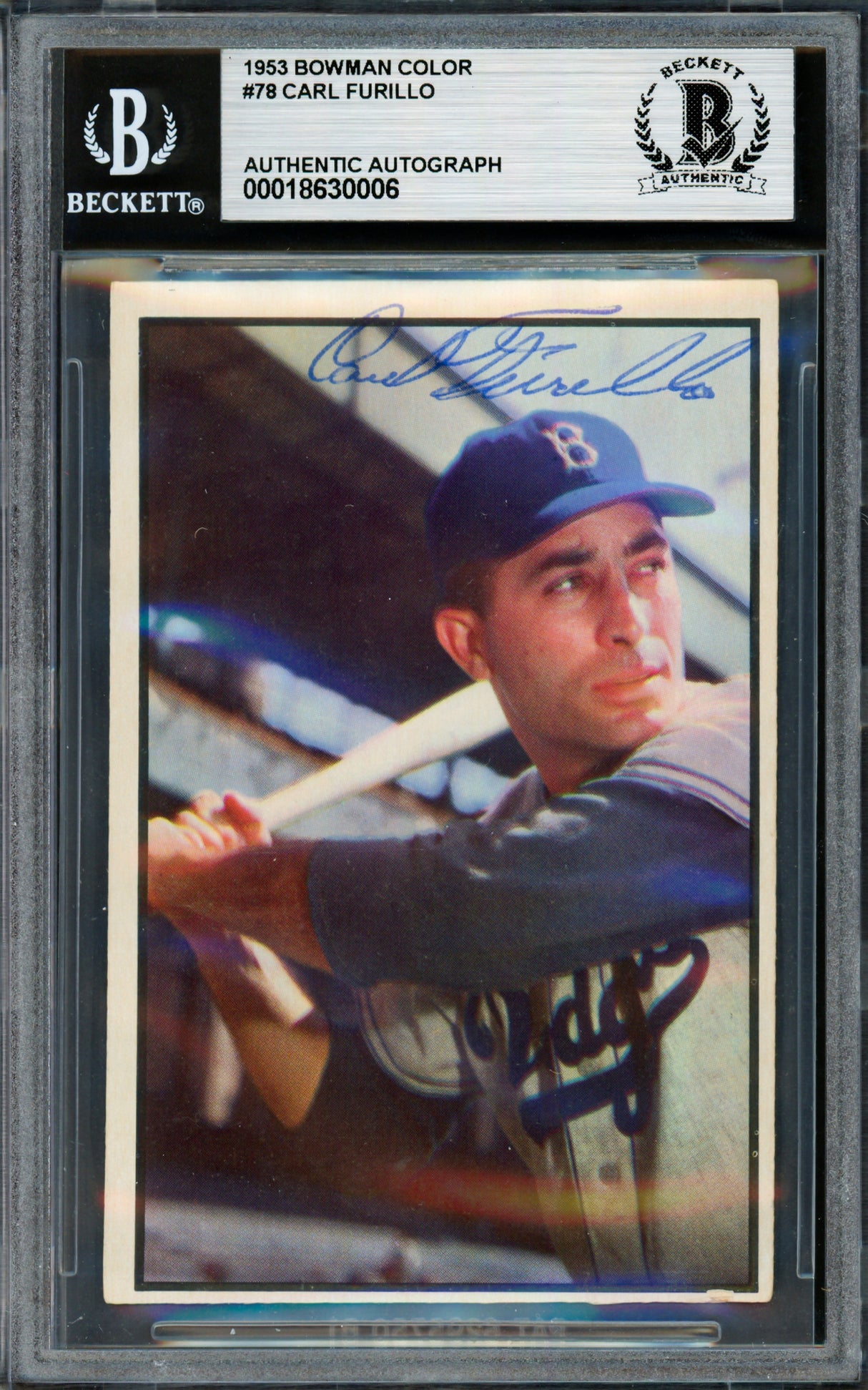 Carl Furillo Autographed 1953 Bowman Color Card #78 Brooklyn Dodgers Beckett BAS #18630006