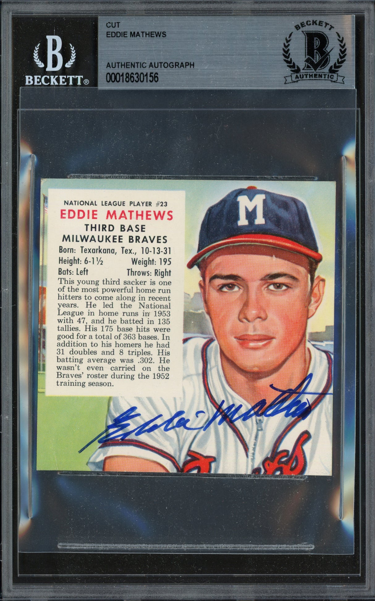 Eddie Mathews Autographed 1954 Red Man Card #23 Milwaukee Braves Beckett BAS #18630156