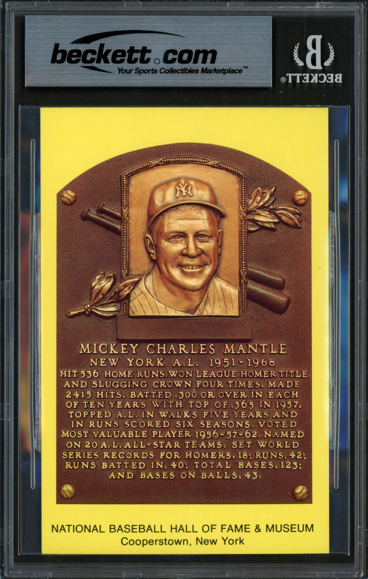 Mickey Mantle Autographed Hall of Fame Plaque Postcard New York Yankees (Signed On Back) Beckett BAS #18630863
