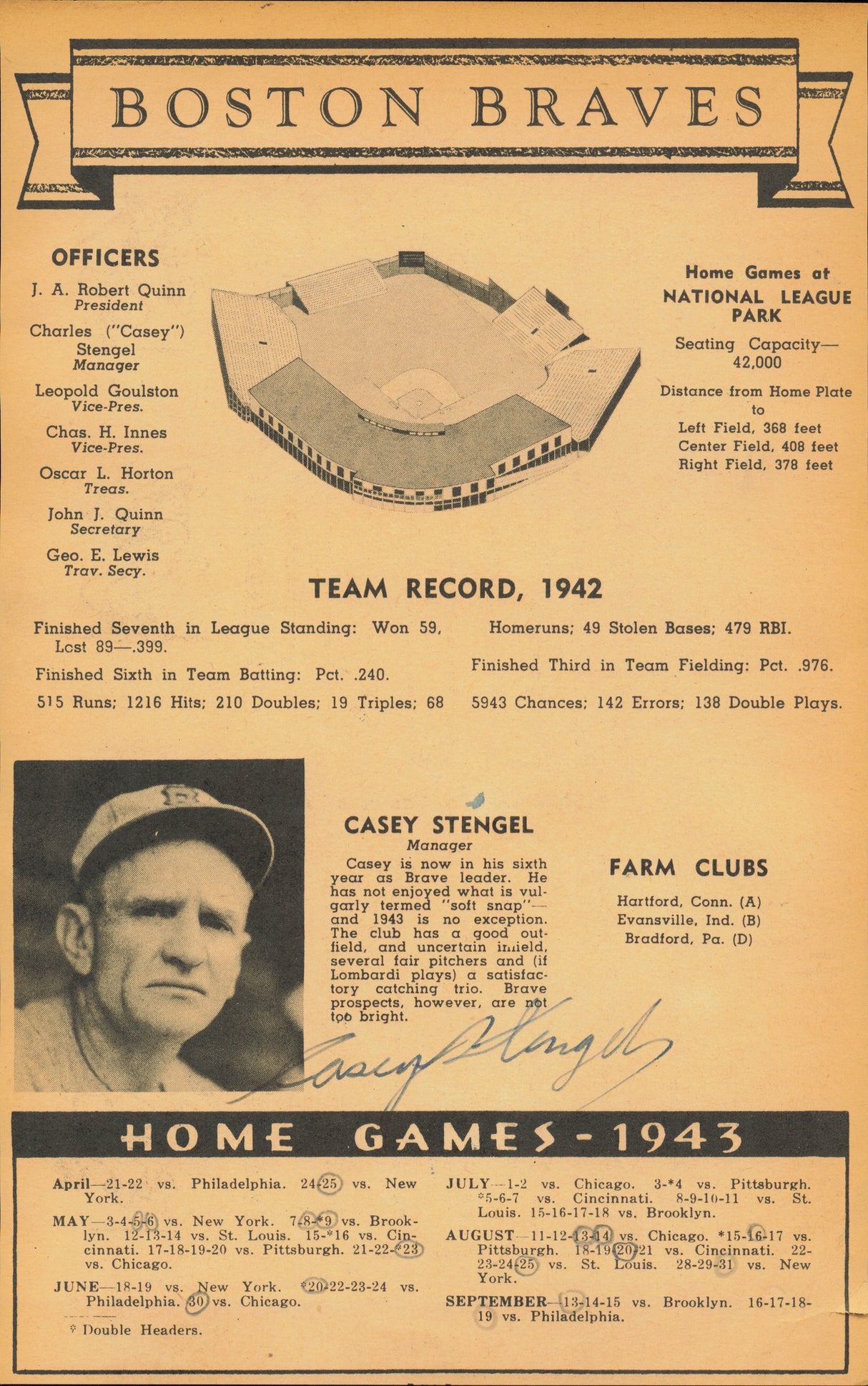 Casey Stengel Autographed 5.5x8.5 Ballpark Program Cut Signature Boston Braves PSA/DNA #AH07295