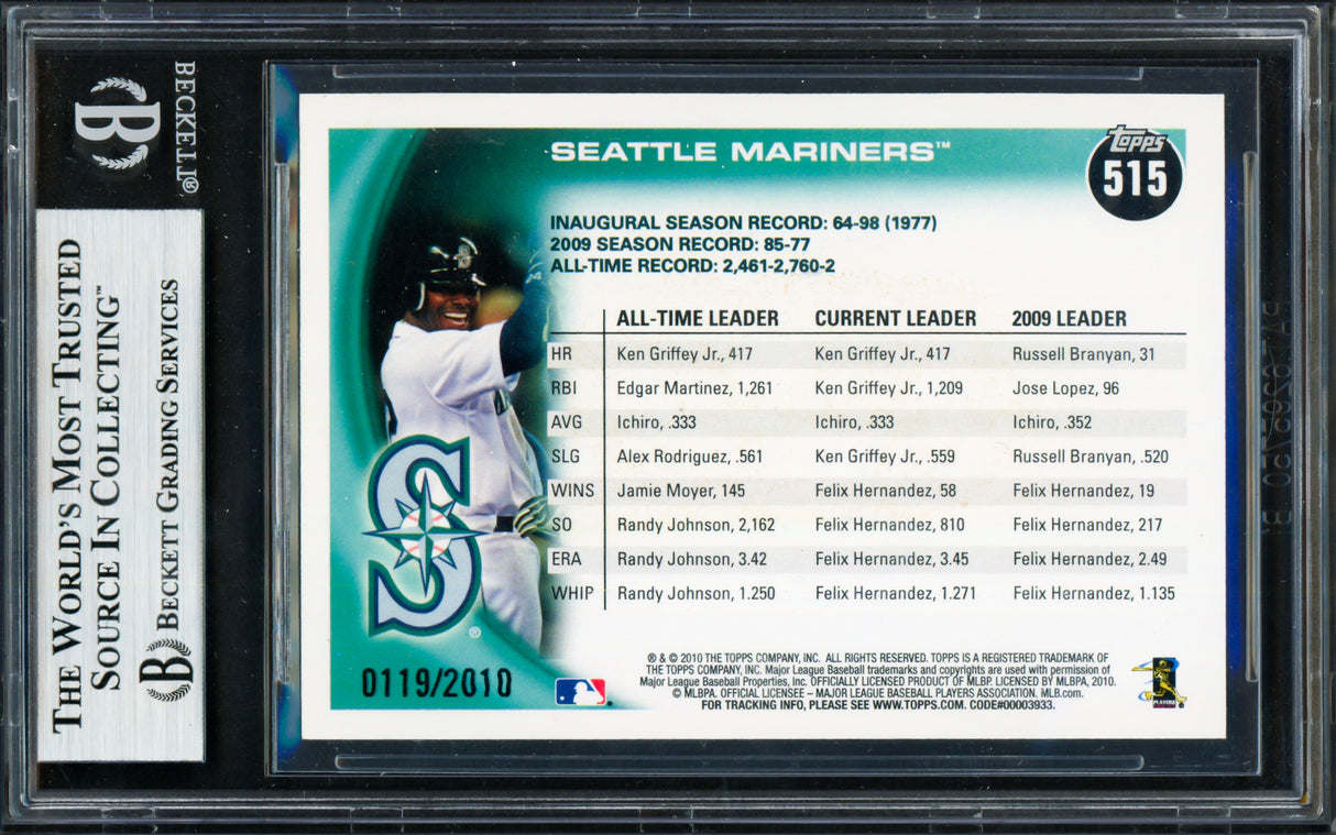 Ken Griffey Jr. & Ichiro Suzuki Autographed 2010 Topps Gold Card #515 Seattle Mariners Beckett BAS #19209393