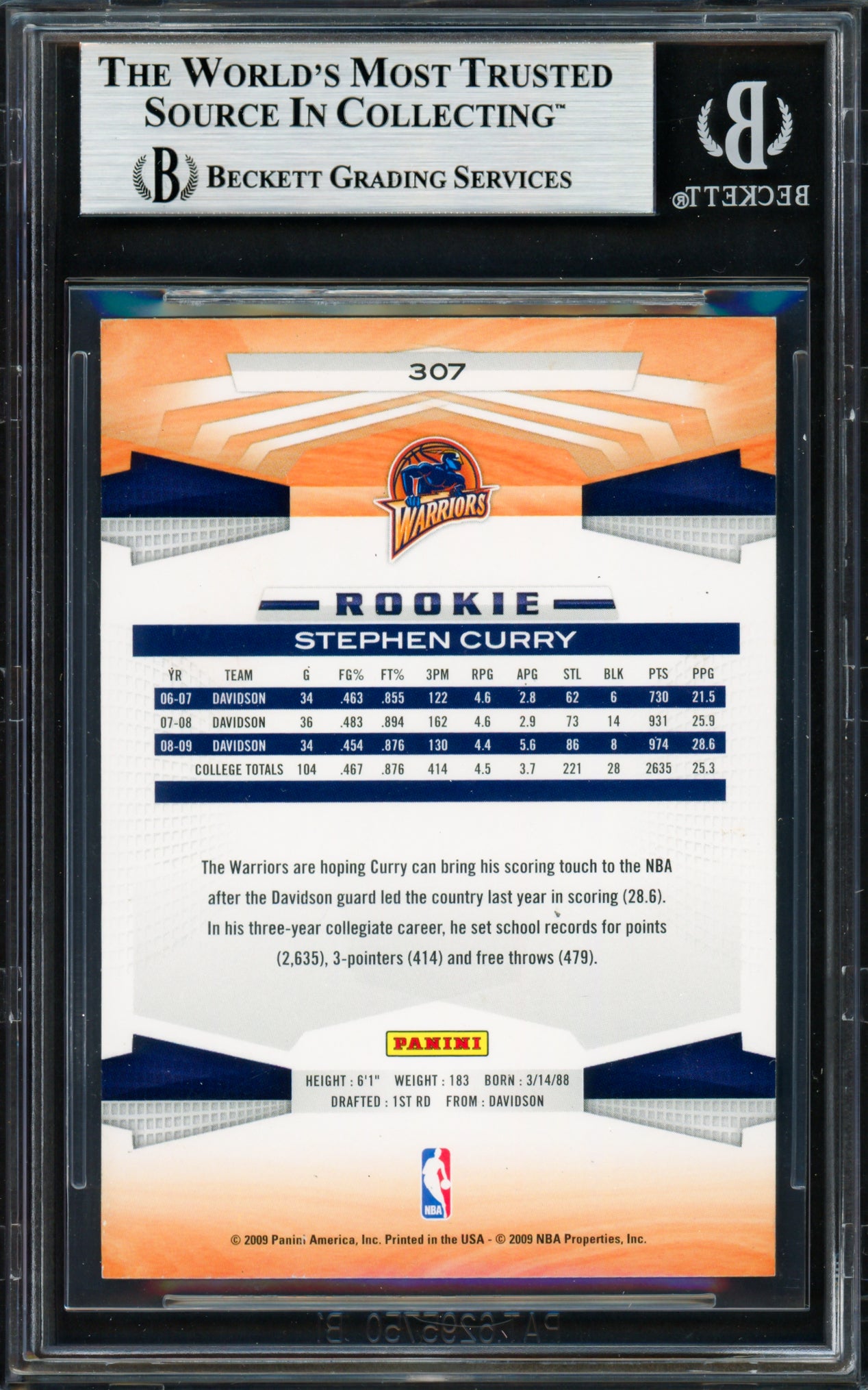 Stephen Curry Autographed 2009-10 Panini Rookie Card #307 Golden State Warriors Beckett BAS #19210439