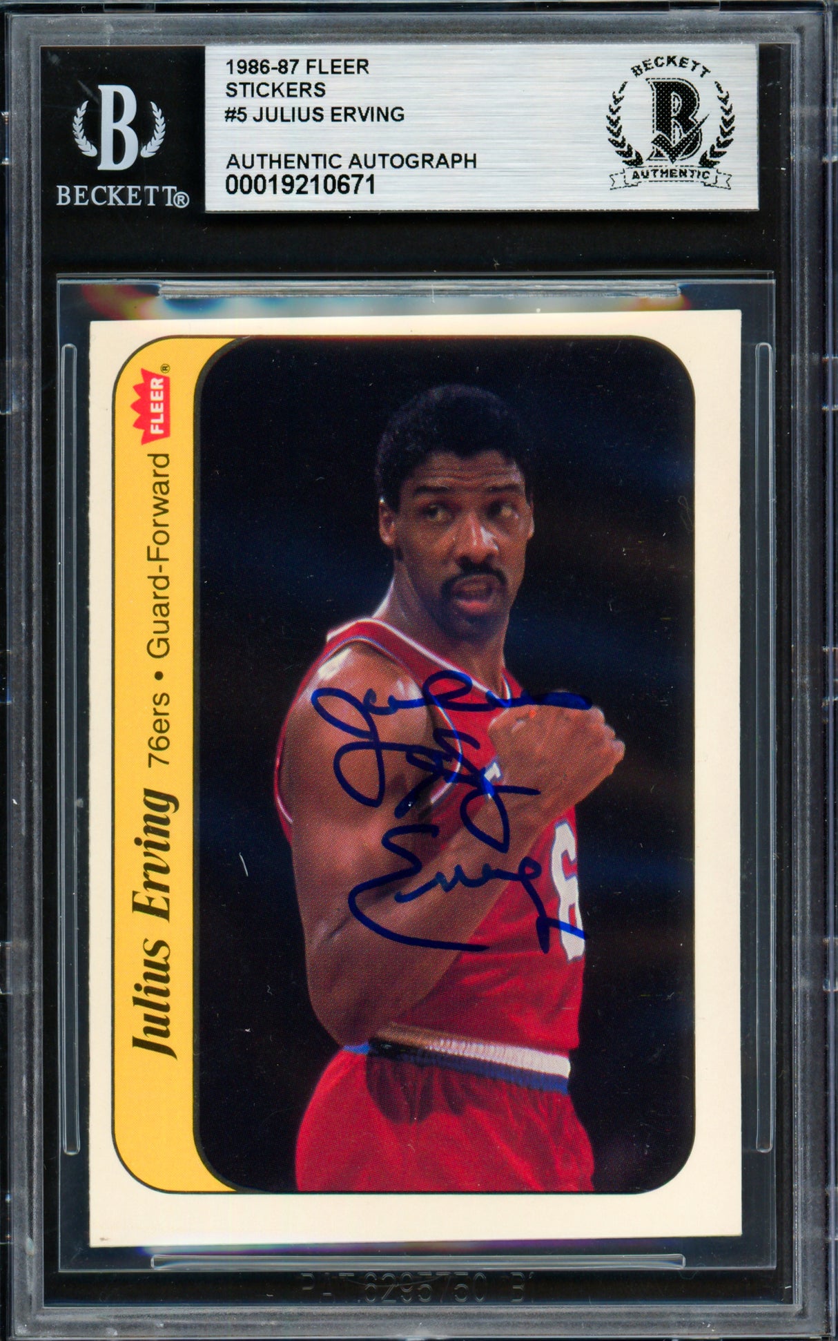 Julius Dr. J Erving Autographed 1986-87 Fleer Sticker Card #5 Philadelphia 76ers Beckett BAS #19210671