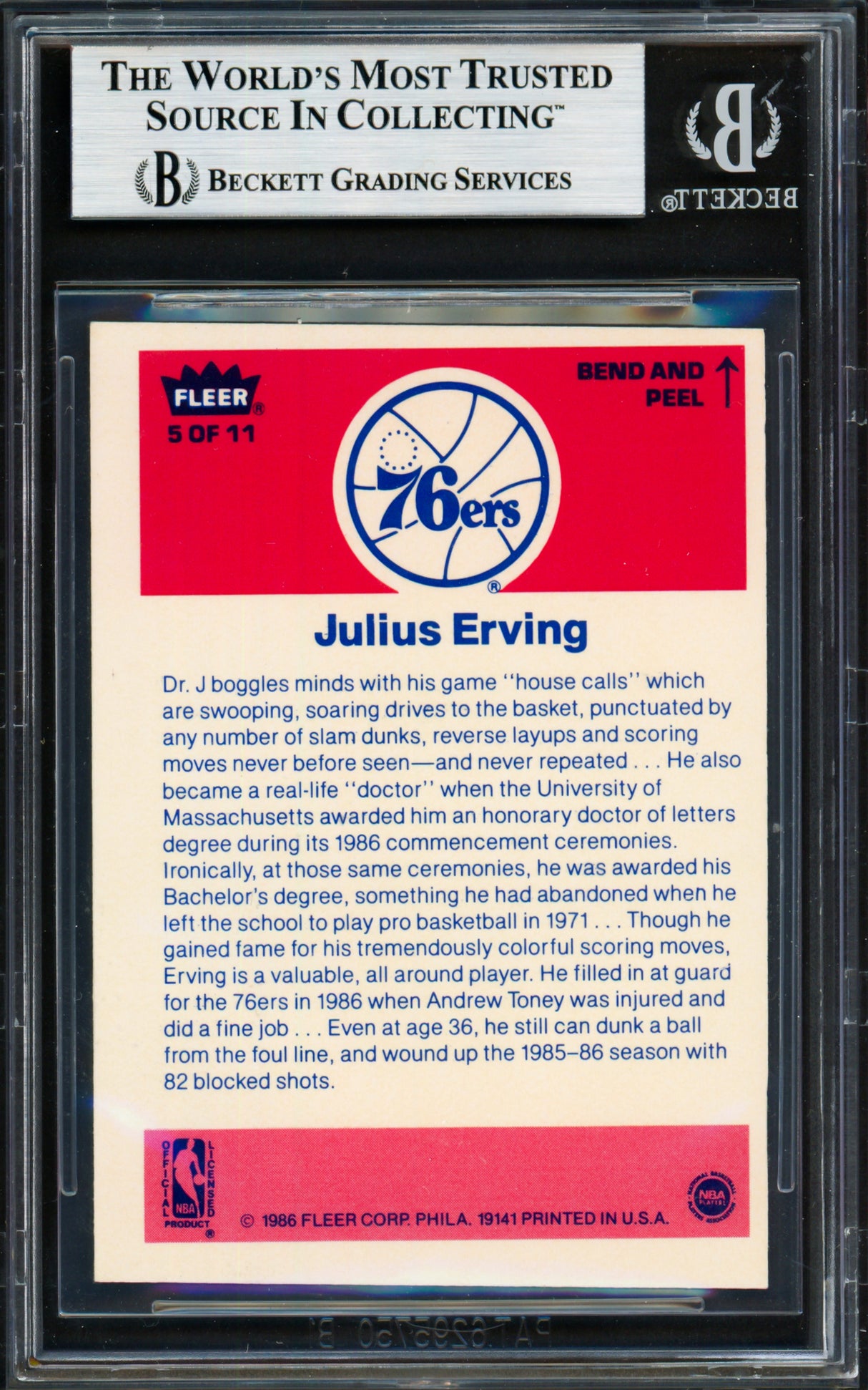 Julius Dr. J Erving Autographed 1986-87 Fleer Sticker Card #5 Philadelphia 76ers Beckett BAS #19210671