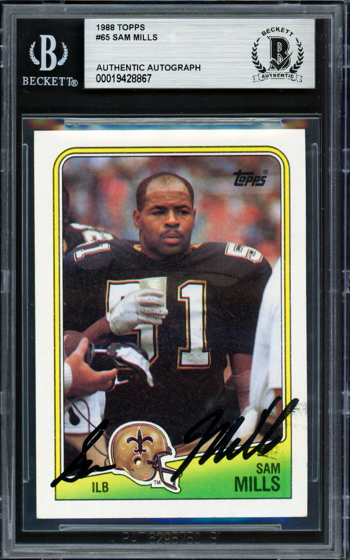 Sam Mills Autographed 1988 Topps Rookie Card #65 New Orleans Saints Beckett BAS #19428867