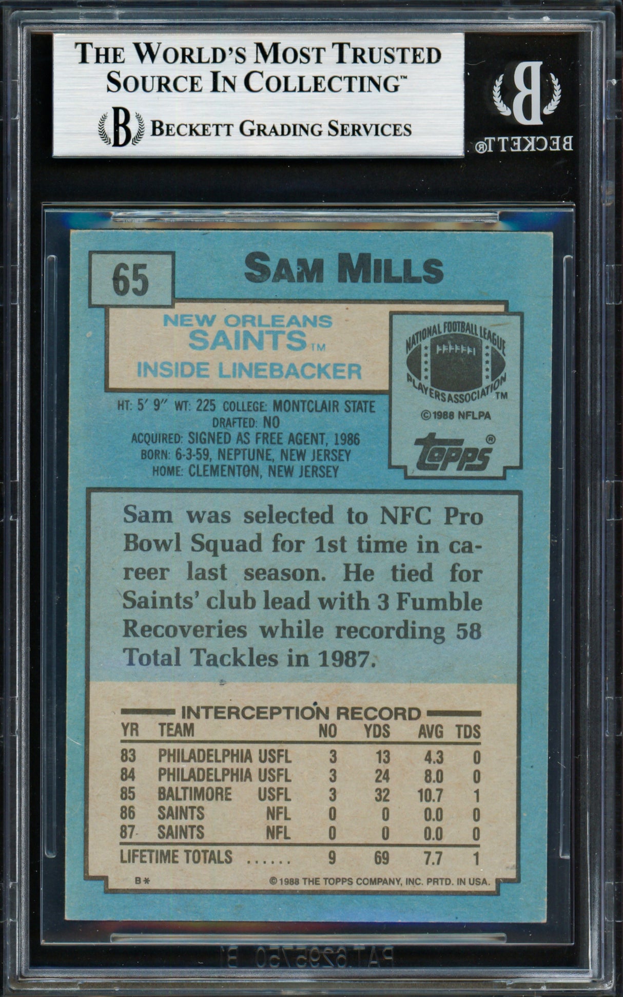 Sam Mills Autographed 1988 Topps Rookie Card #65 New Orleans Saints Beckett BAS #19428867