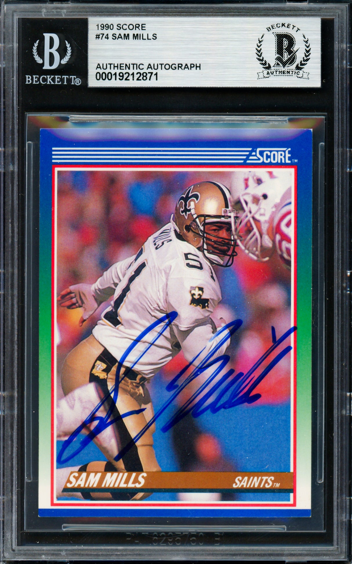 Sam Mills Autographed 1990 Score Card #74 New Orleans Saints Beckett BAS #19212871