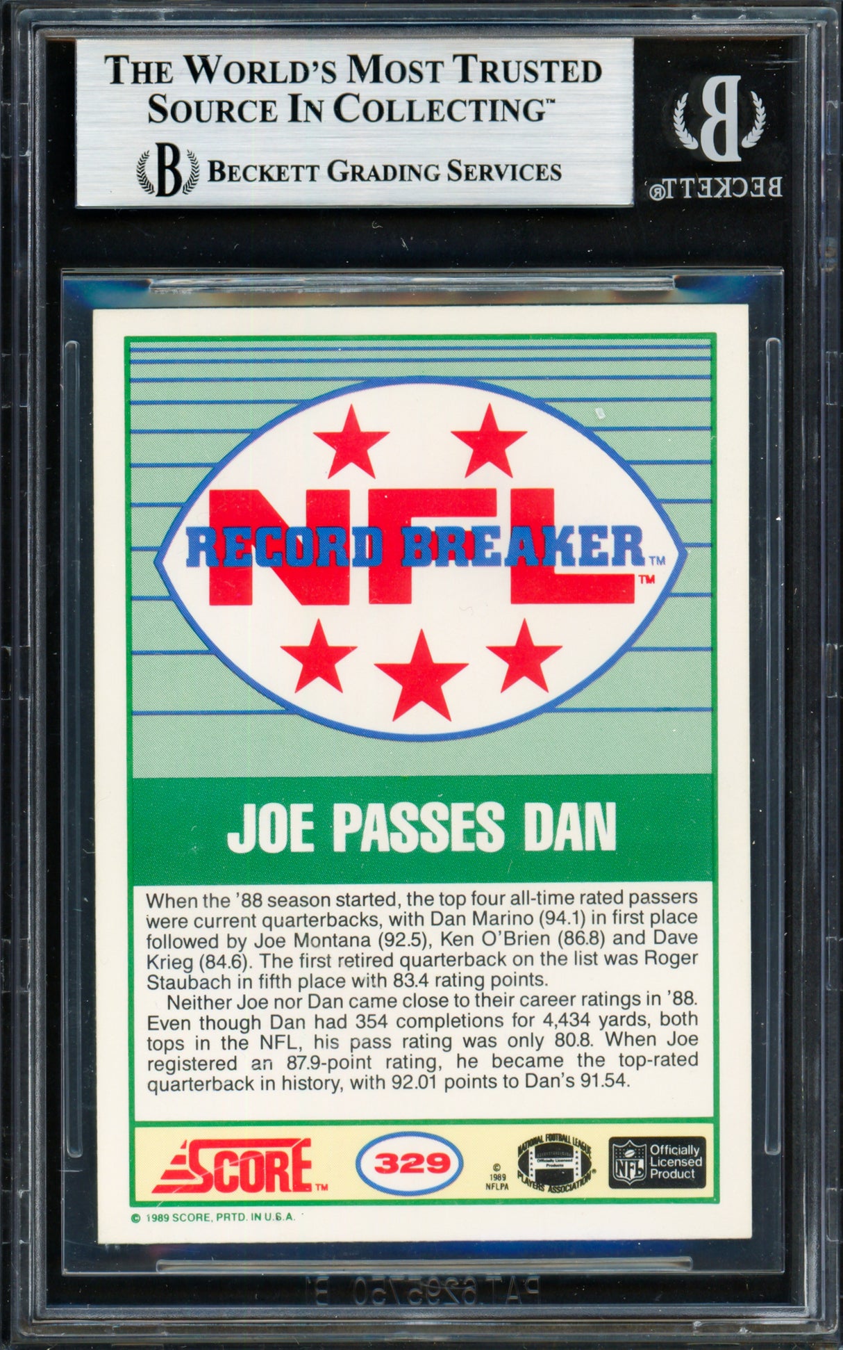Joe Montana Autographed 1989 Score Card #329 San Francisco 49ers Beckett BAS #19212877