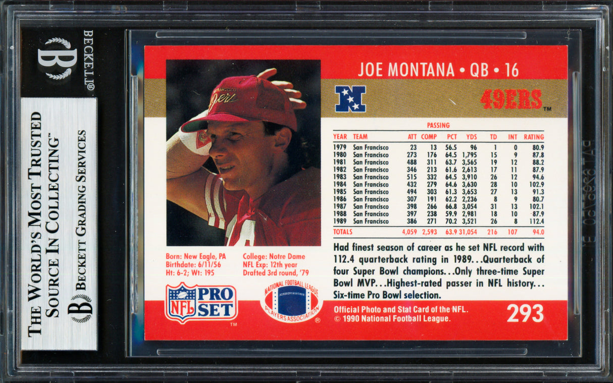 Joe Montana Autographed 1990 Pro Set Card #293 San Francisco 49ers Beckett BAS #19212957