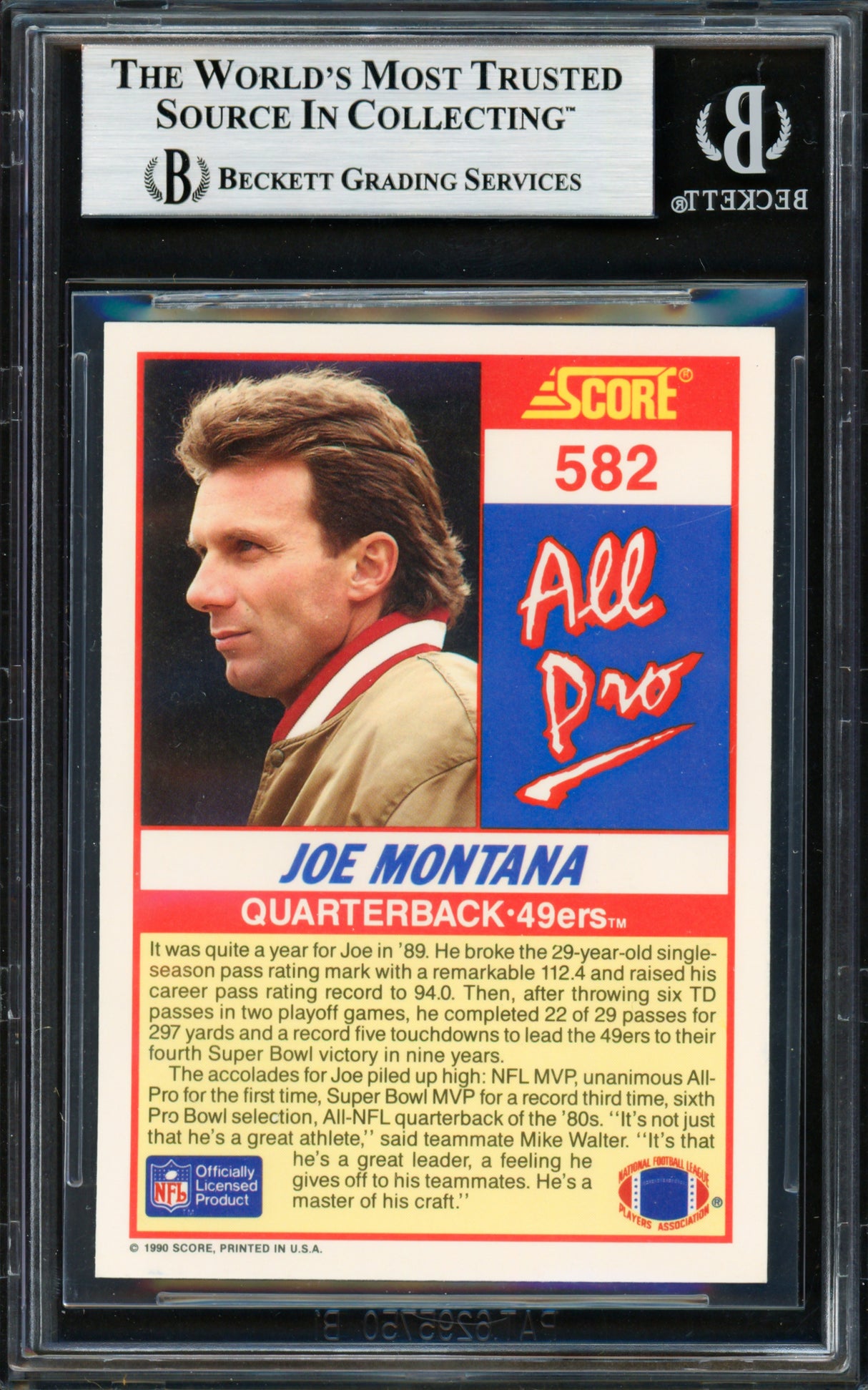 Joe Montana Autographed 1990 Score Card #582 San Francisco 49ers Beckett BAS #19212967