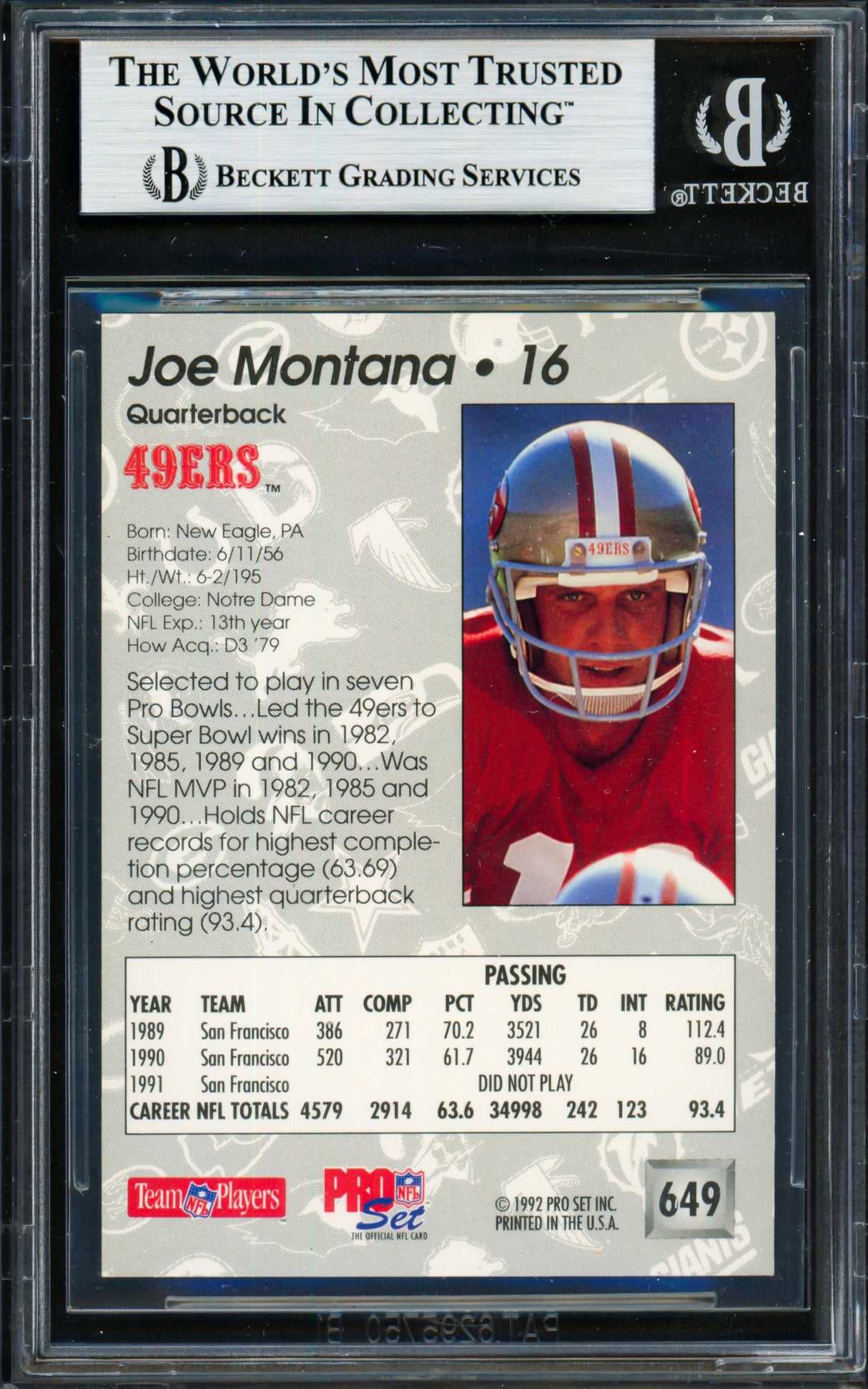 Joe Montana Autographed 1992 Pro Set Card #649 San Francisco 49ers Beckett BAS #19212977
